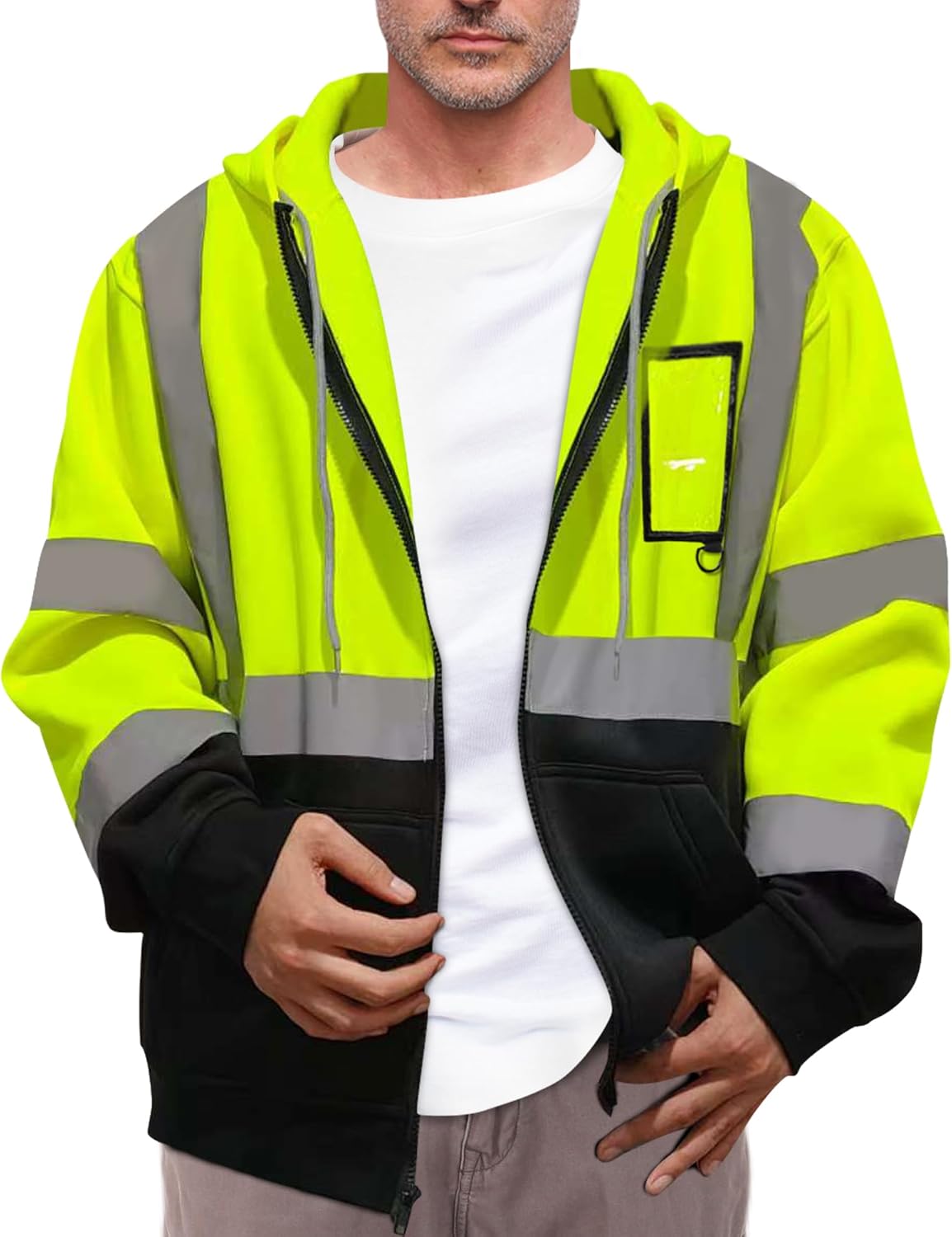 FATONE Hi Vis Hoodie for Men Zip up Reflective Sweatshirt Class 3 High Visibility Hoodie Safety Sweater with Black Bottom, Yellow, S