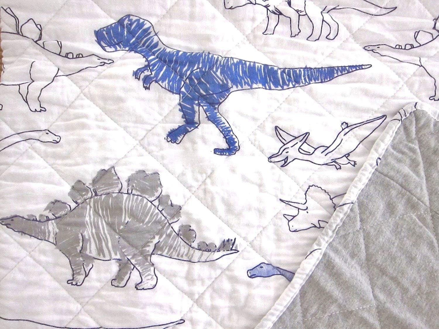 3-pc Dinosaurs Twin Size Quilt Set - Navy Blue Gray White (Set Includes Quilt, Pillow + sham)