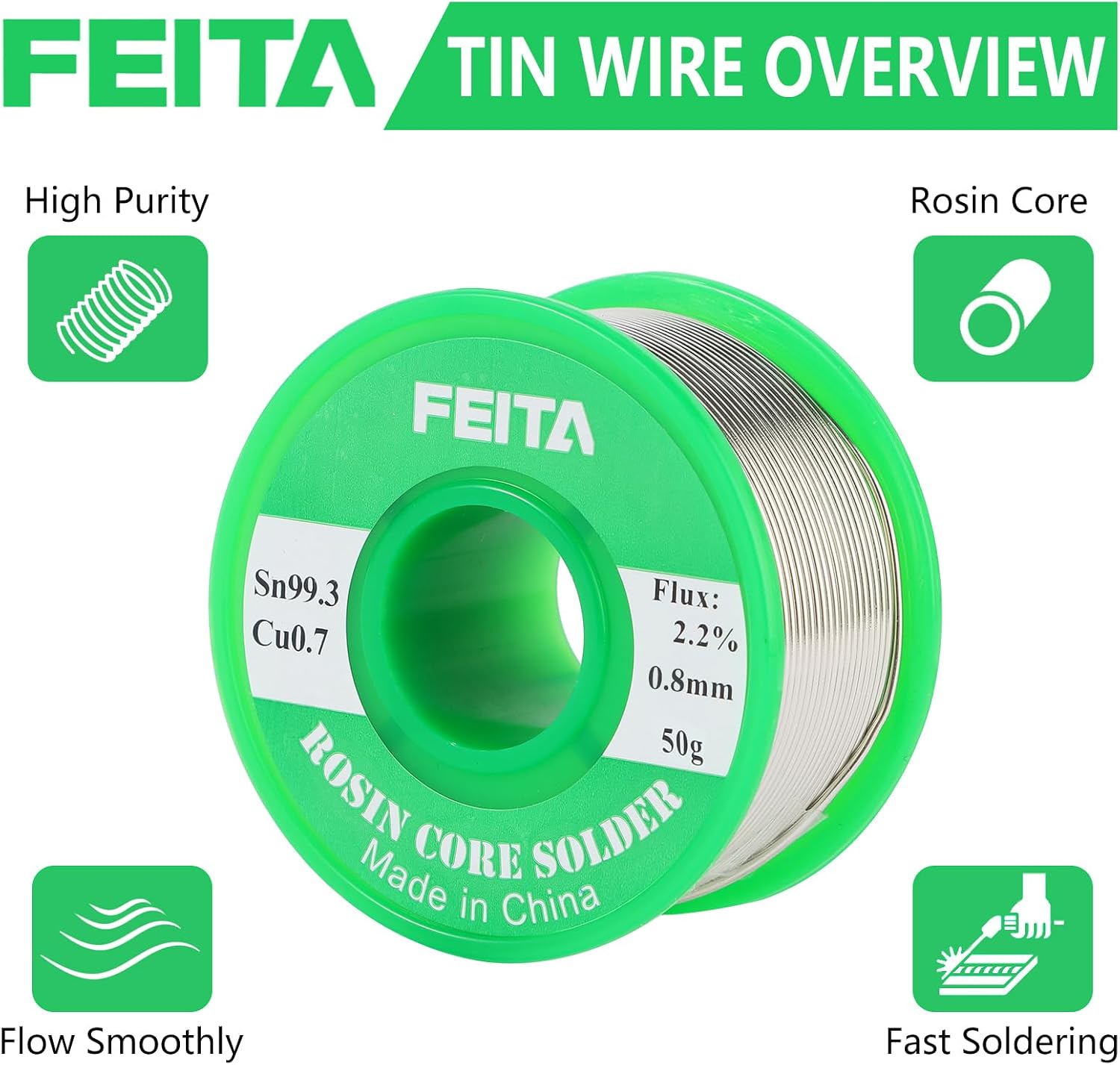 FEITA Sn99.3-Cu0.7 Lead Free Tin Rosin Core Solder Wire for Electrical Soldering, With 2.0% Solder flux, 217℃ Melting Point (0.8mm, 50g)