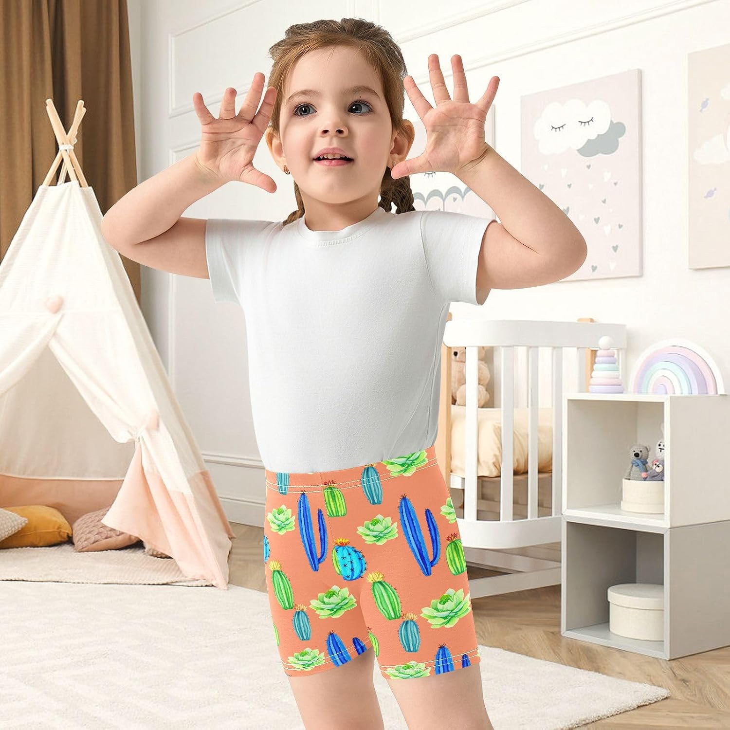Blue Cactus Succulent Girls Bike Shorts Toddler Soft Cotton Under Dress Cartwheel Shorts