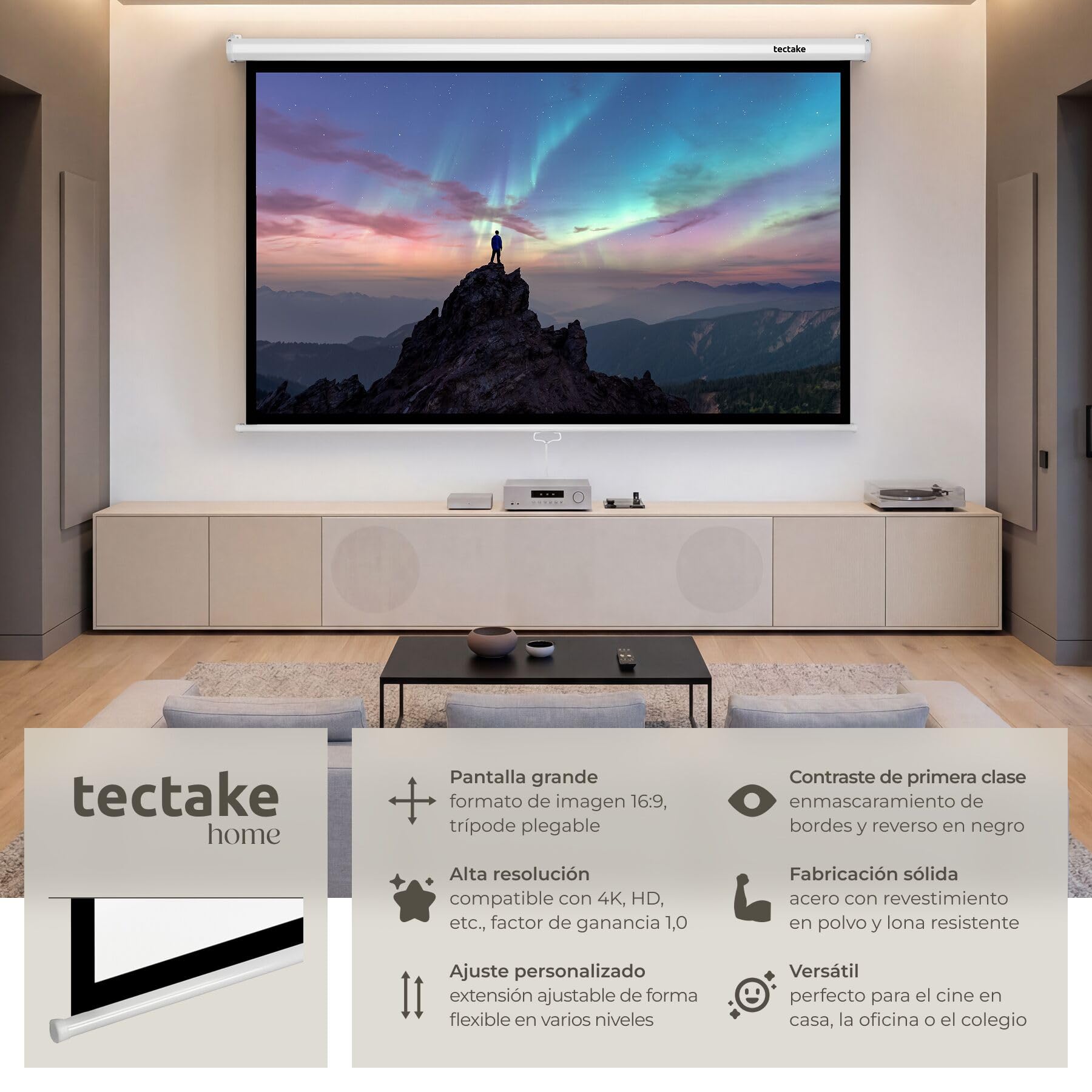 tectake® Pantalla Proyector Enrollable 84 Pulgadas16:9 para Instalación en Pared o Techo, Pantalla para Proyector HD, Tela Proyector Extensible y Lavable - 201 x 128 cm