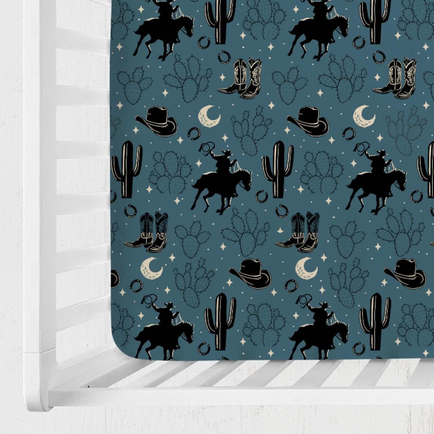 Vintage Western Cowboy Baby Crib Sheets 52''x28'' Cowboy Horse Boots Hat Cactus Moon Snug Fitted Crib Mattress Cover for Boy Girl Wild Plants Soft Baby Bed Sheet for Standard Crib Toddler Mattress