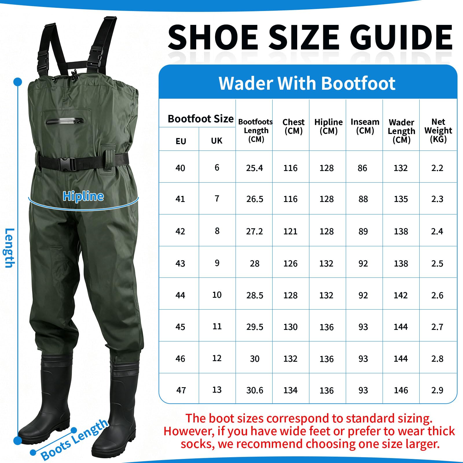 SWAWIS Wathose Herren Wasserdicht mit Stiefel Verstellbarer Riemen Anglerhose für Erwachsene mit Stiefel Atmungsaktive Wasserdicht Watthosen für Baustellen, Angeln, Bauernhöfe