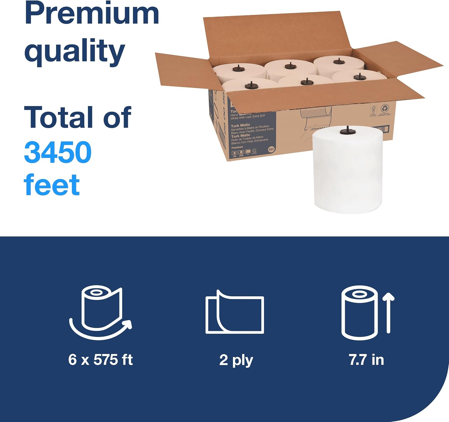 tork matic soft hand towel roll, white, premium, h1, quick-absorbing, long-lasting, thick 2-ply, 4 rolls x 575 ft, 290096 white-blue leaf 6 rolls (726 sheets each) premium hand towel