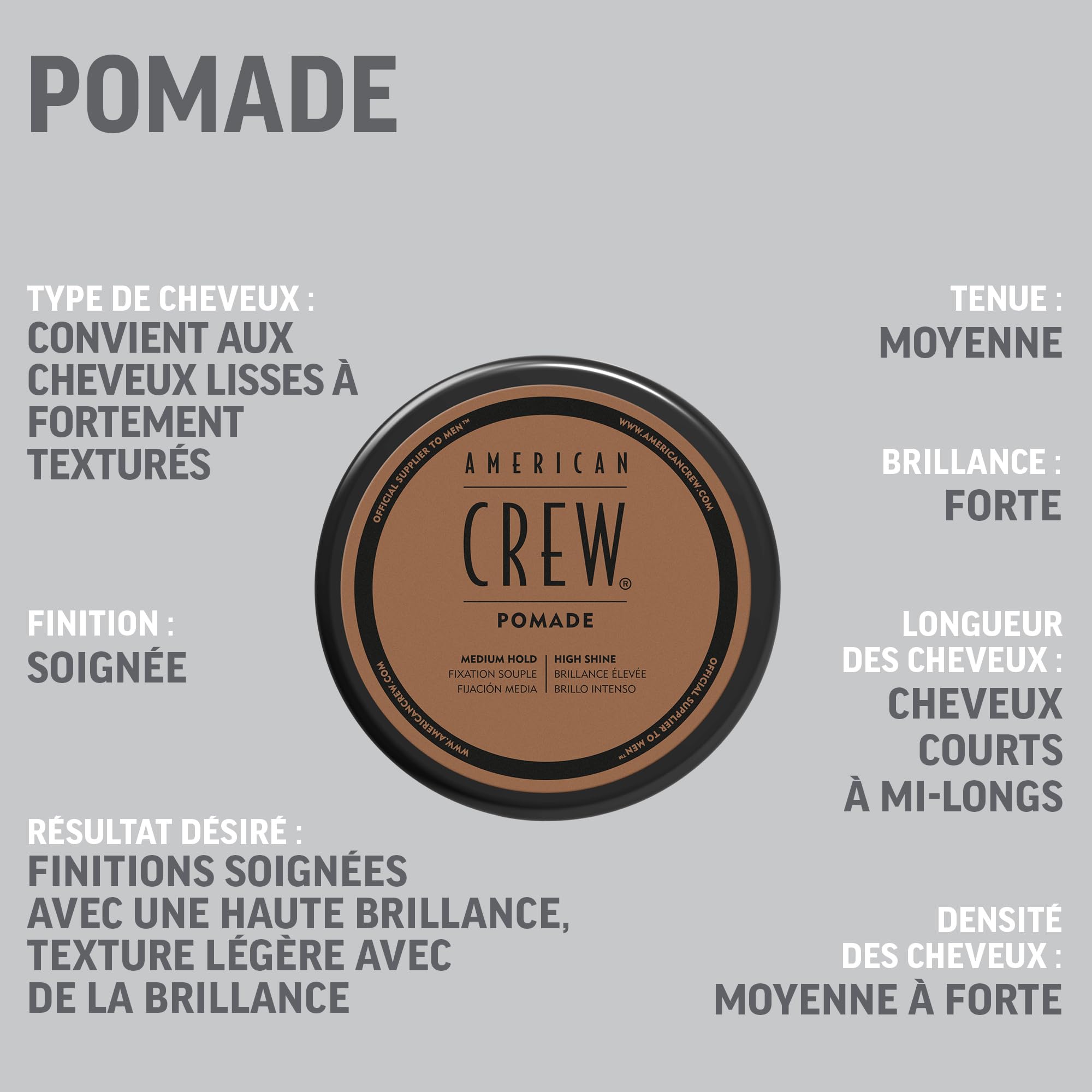 American Crew - Pomade - Cire Coiffante Fixation Souple - Cire Cheveux Homme Brillance Elevée - Produit Coiffant pour Style Créatif - Produit Cheveux Bouclés et Raides - 85ml