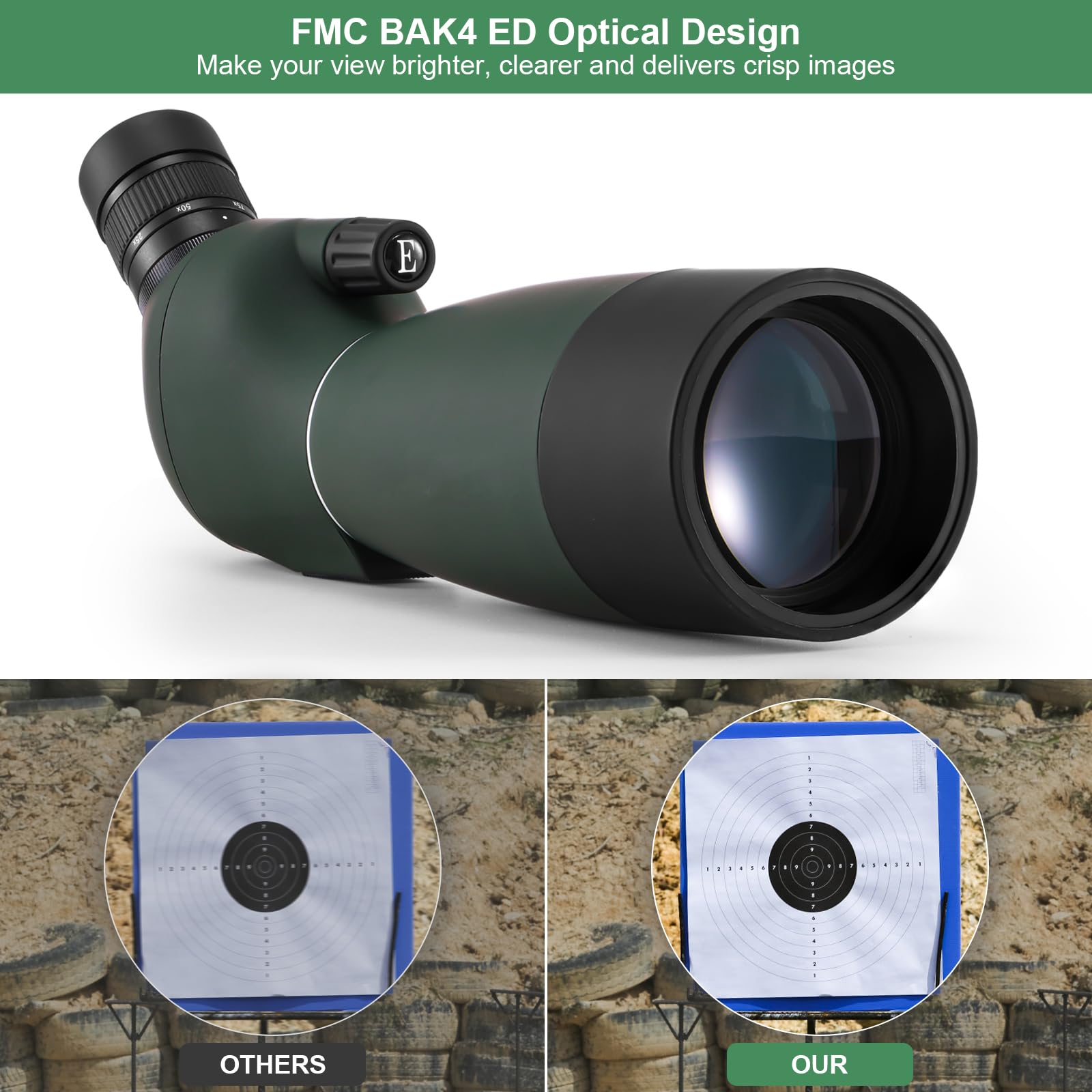 Spektiv Sportschützen 25-75x70,Spektiv mit Stativ HD IP67 Wasserdichtes BAK4 Porro Prism FMC Monokular Teleskop mit Smartphone Adapter für Bogenschießen, Vogelbeobachtung, Mond