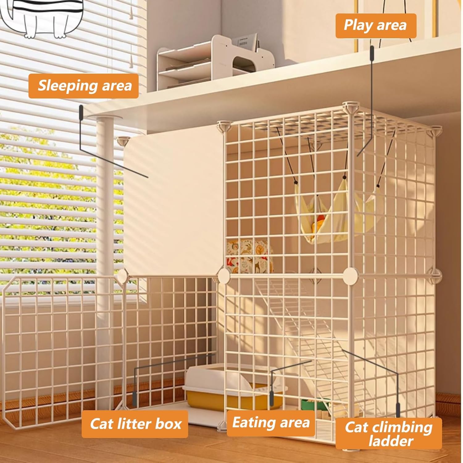 Cat Cage Cat Enclosure, Large 2-Story Pet Wire Cage for Cat with Ladder, DIY Pet Playpen Cat Enclosures Small Animal House Detachable Pet Playpen(43.7x15.4x28.7in/111x39x73cm)
