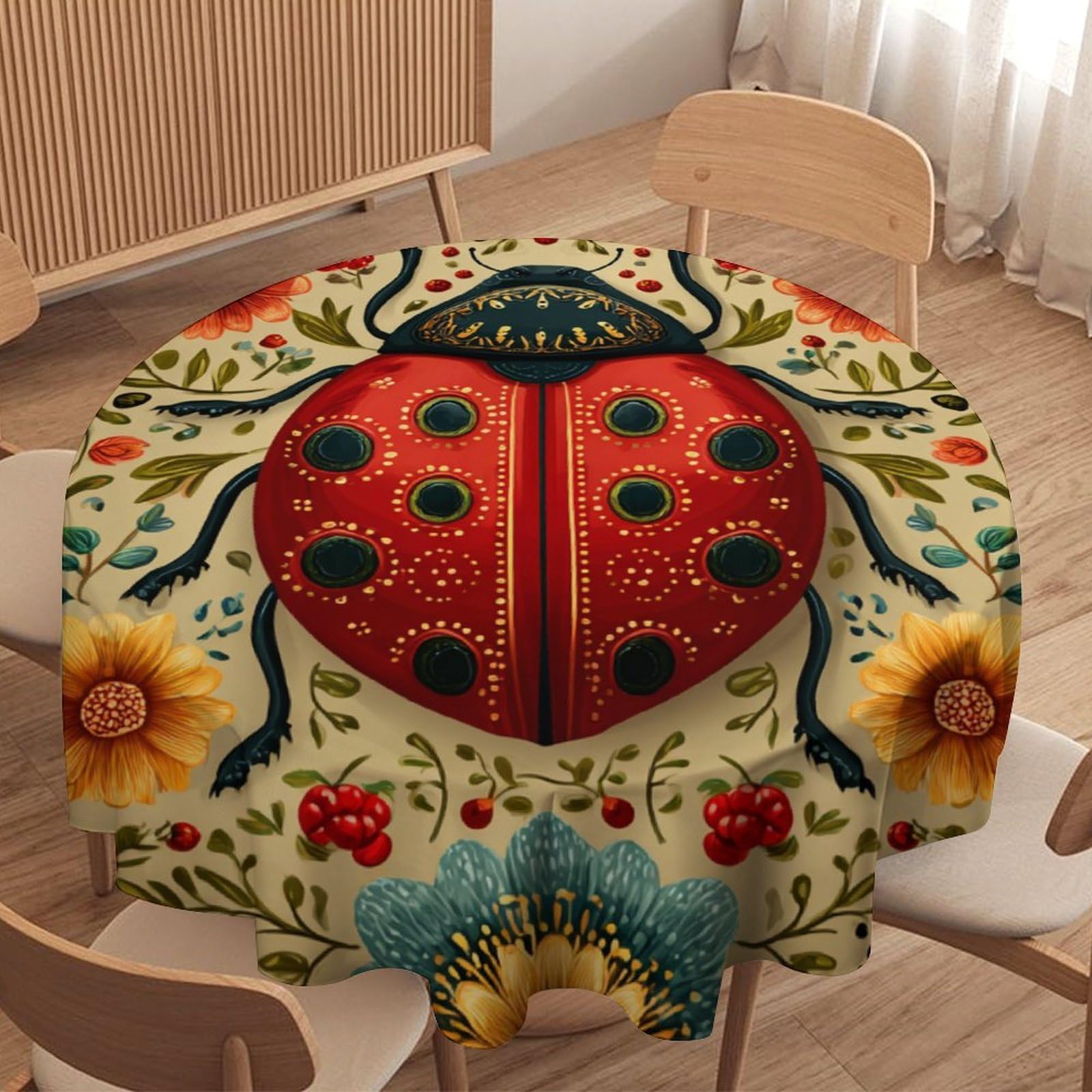 LUYYSKY Classic Vintage Ladybugs Round Tablecloth Colorful Abstract Boho Animals Ladybugs Botanical Plants Floral Washable Decor for Table Cover for Kitchen-127 Wx127 L cm