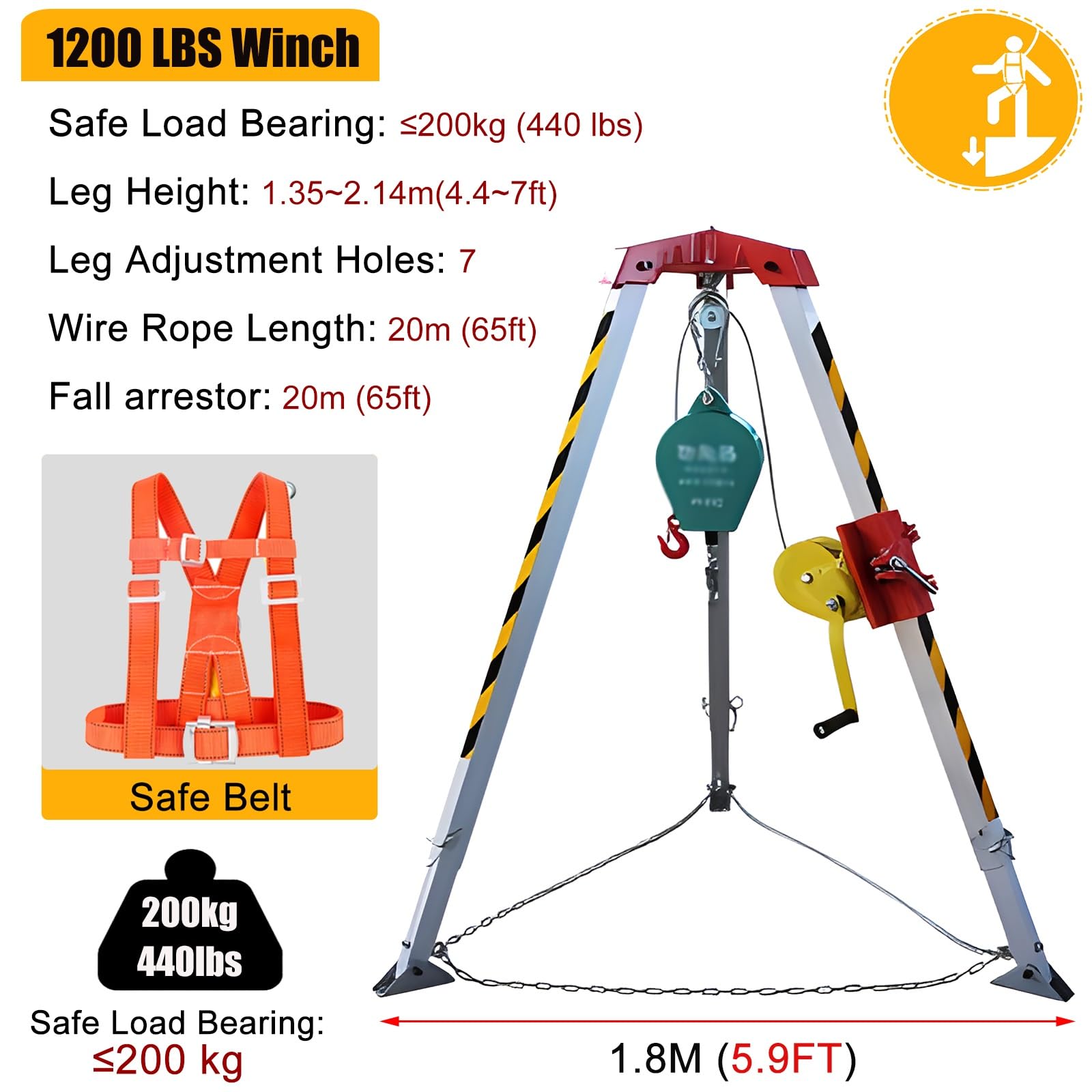 Safety Rescue Tripod with 1200 LBS Lifting Winch and Fall Arrester - 7ft Legs Confined Space Kit for Descent and Rescue - Sewer Rescue Tripod Winch Holder