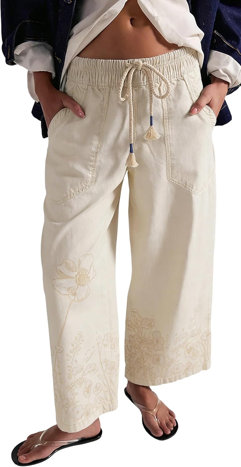 CHARTOU Women Floral Boho Wide Leg Denim Pants Drawstring Elastic Waist Baggy Barrel Crop Jeans with Pockets