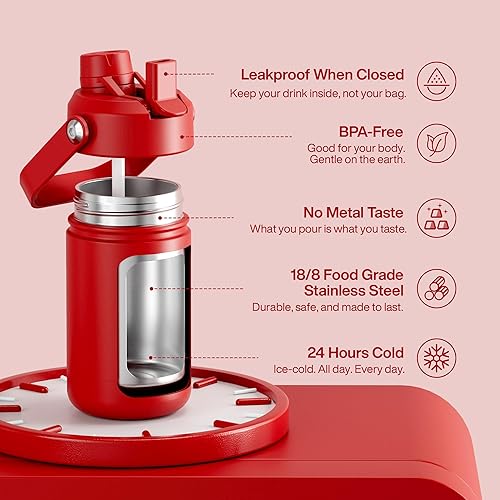 Miniatura 971 de ENCOOL Botella de agua aislada con popote, de acero inoxidable, a prueba de fugas, sin BPA, al vacío de doble pared que se mantiene fría durante 24