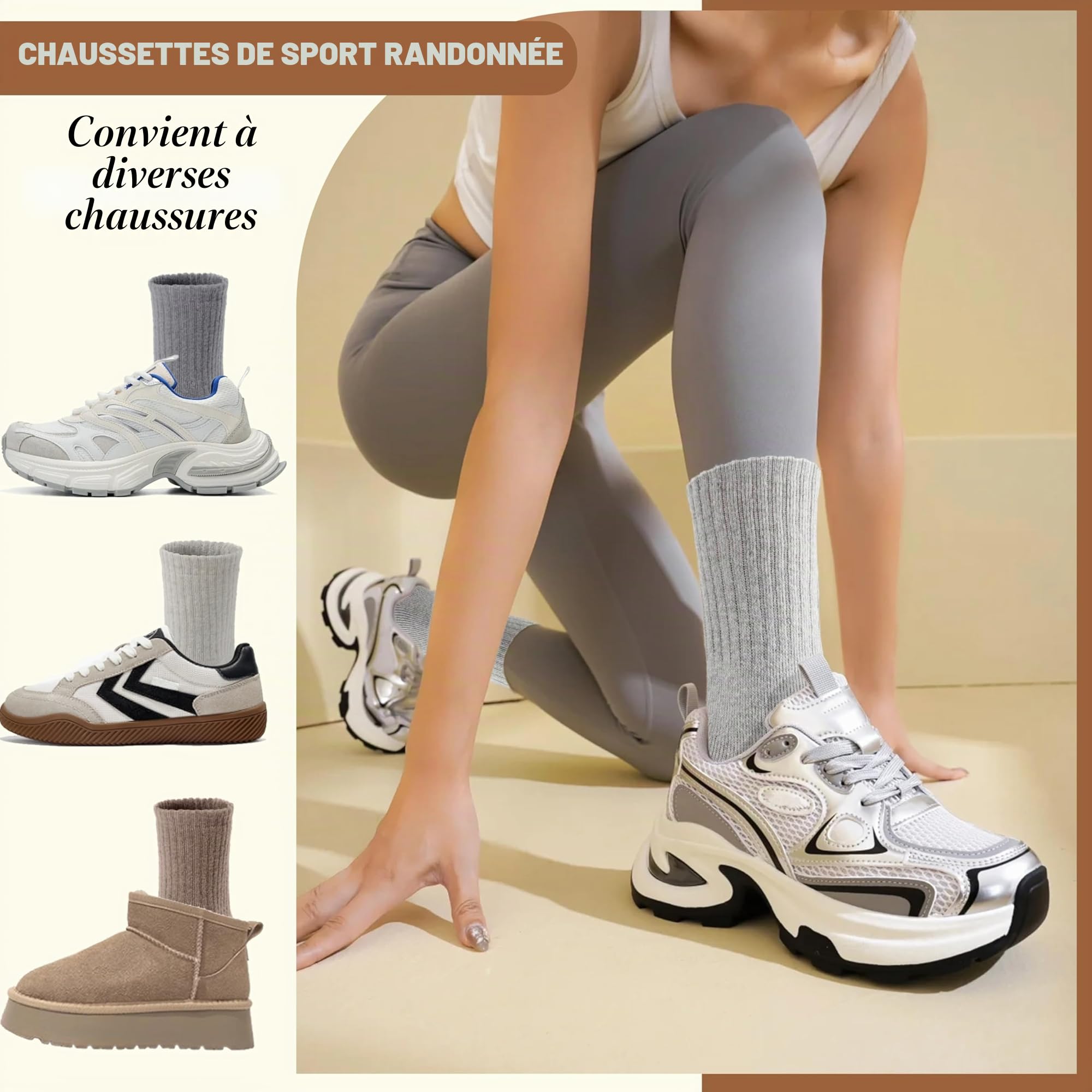 EBMORE 5 Paires Chaussettes Chaudes Femme Hiver en Laine Mérinos, Taille UE 37-43, Chaussettes Épaisses Chaude Thermiques pour Femme