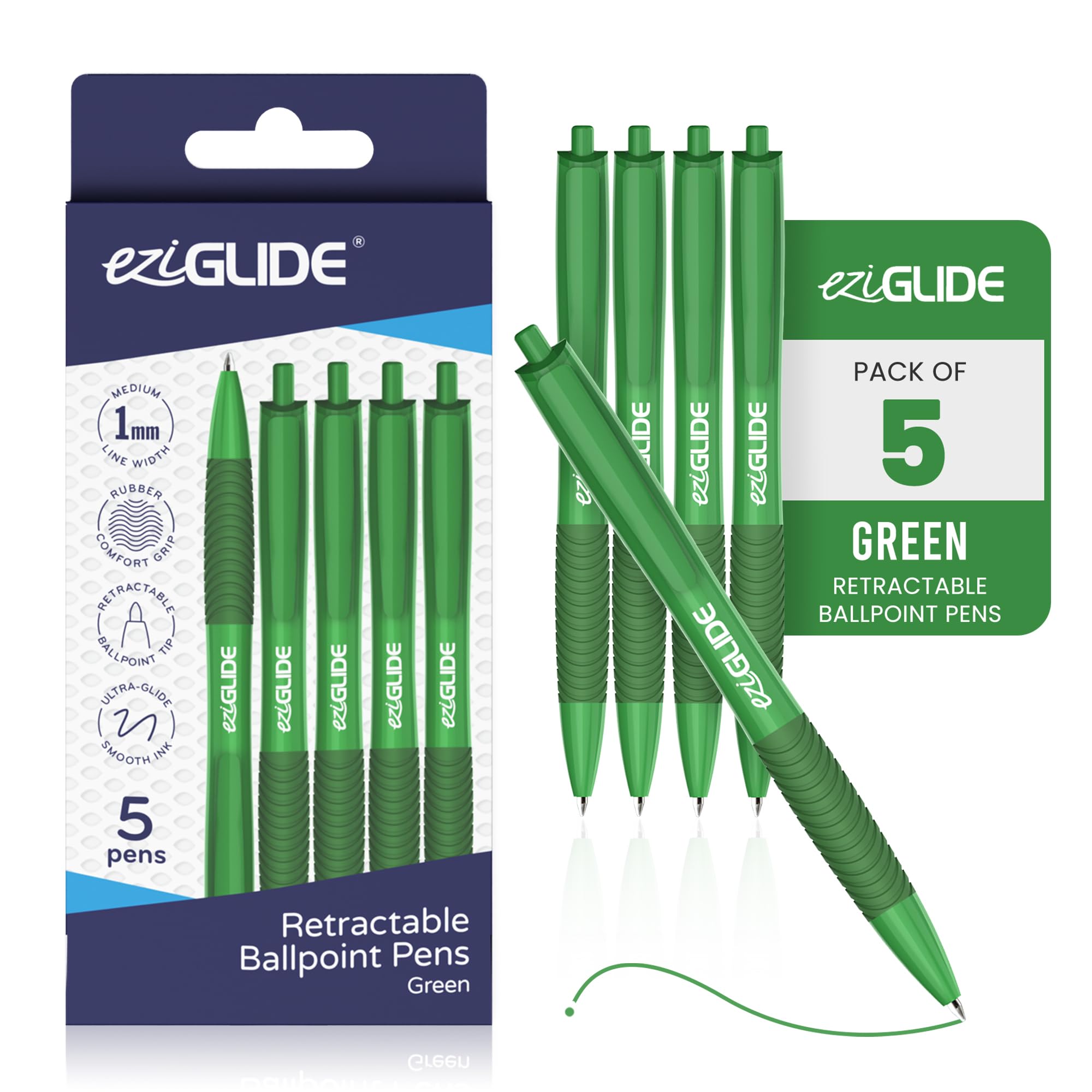 Eziglide Retractable Ballpoint Pens, Pack of 5 Pens Green Ink, Smooth Writing Ballpoint Pens for Writing, Note-Taking & Everyday Use, Great for Office, School & Home