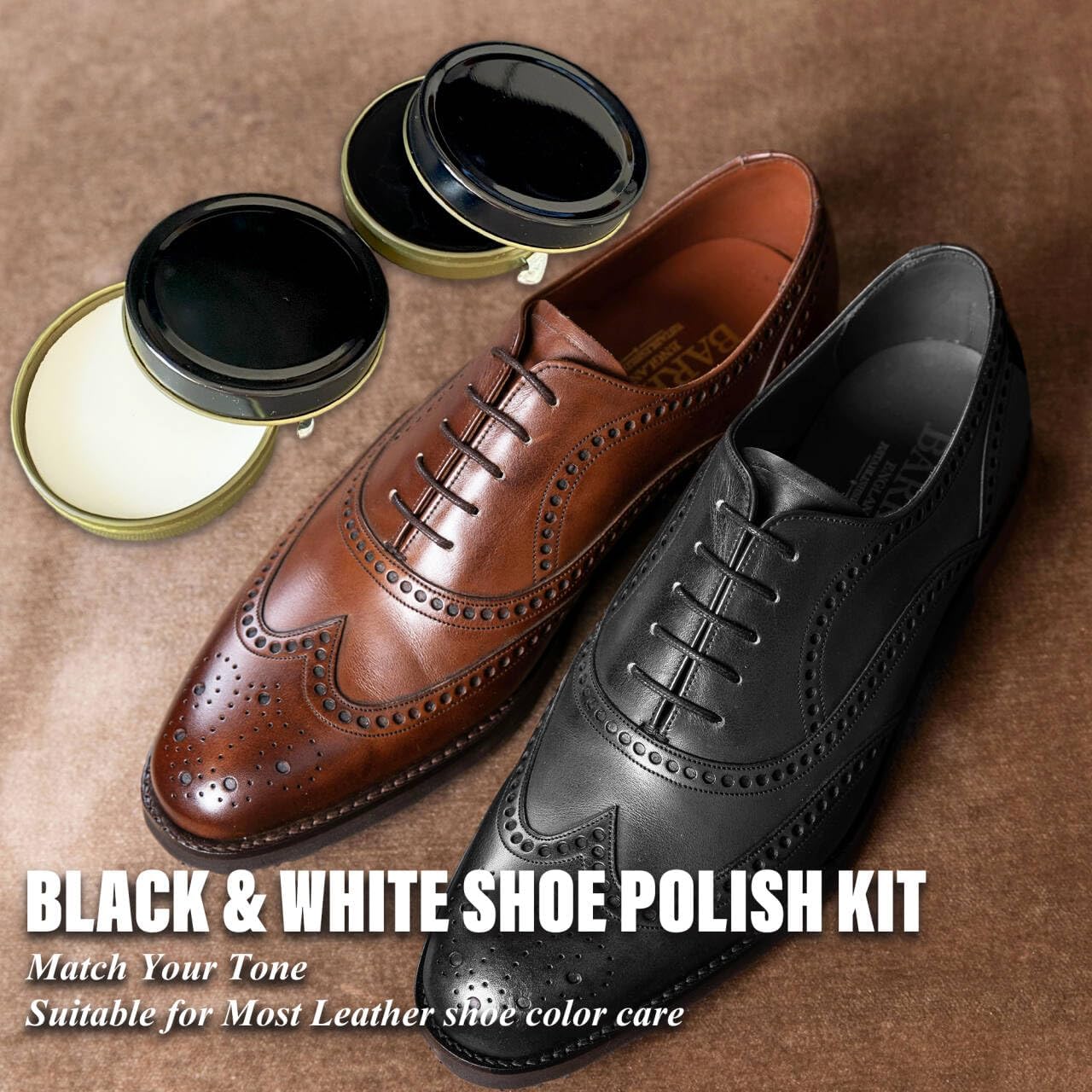 Black White Shoe Polish Kit for Men & Women, Portable 7pc Shoe Shine Kit with Genuine Horsehair Brush,Shoe Cleaning Kit Care for Leather Boots