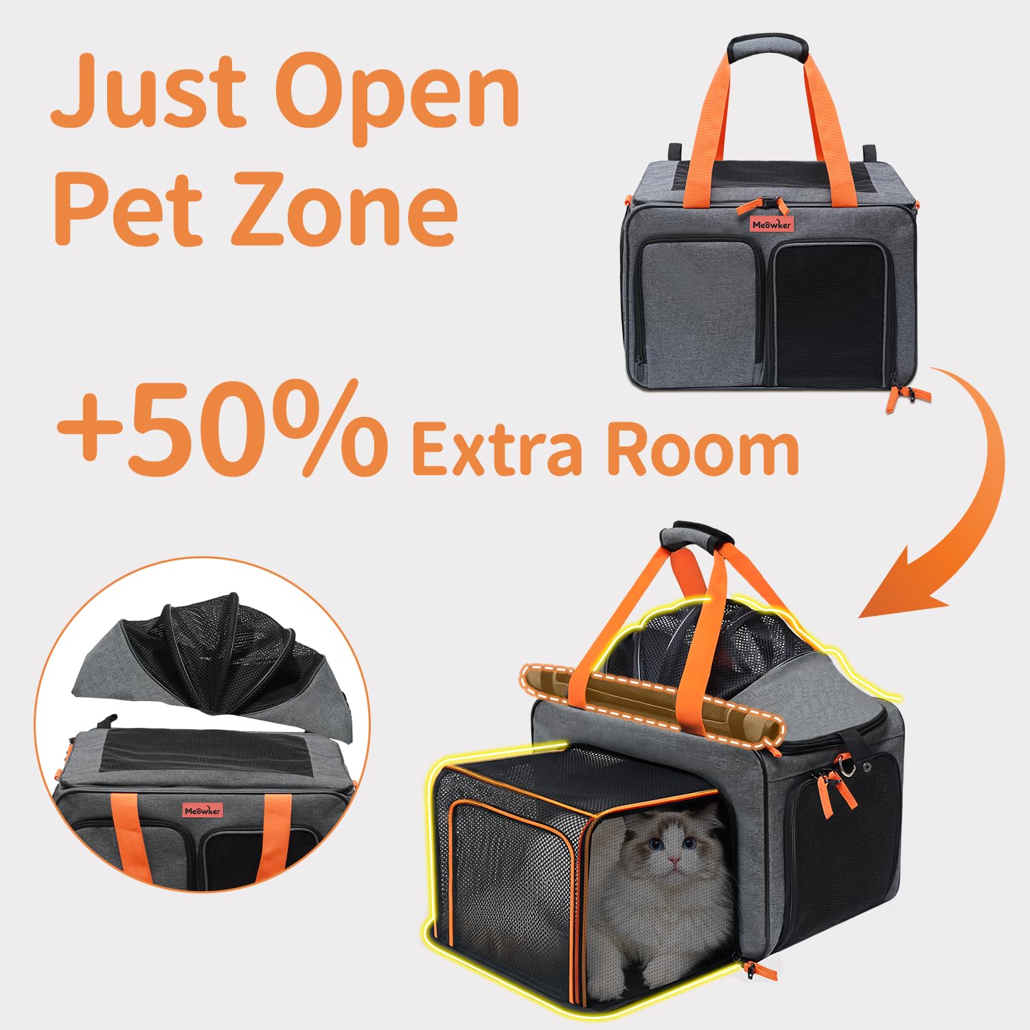 Meowker Cat Pet Carrier Soft Sided Bag Airline Approved, Foldable Travel Large Carrier for Small Kittens Medium Cats Up to 13 Lbs, Expandable Carrying Case for Car, Comfortable for Transport - image 2