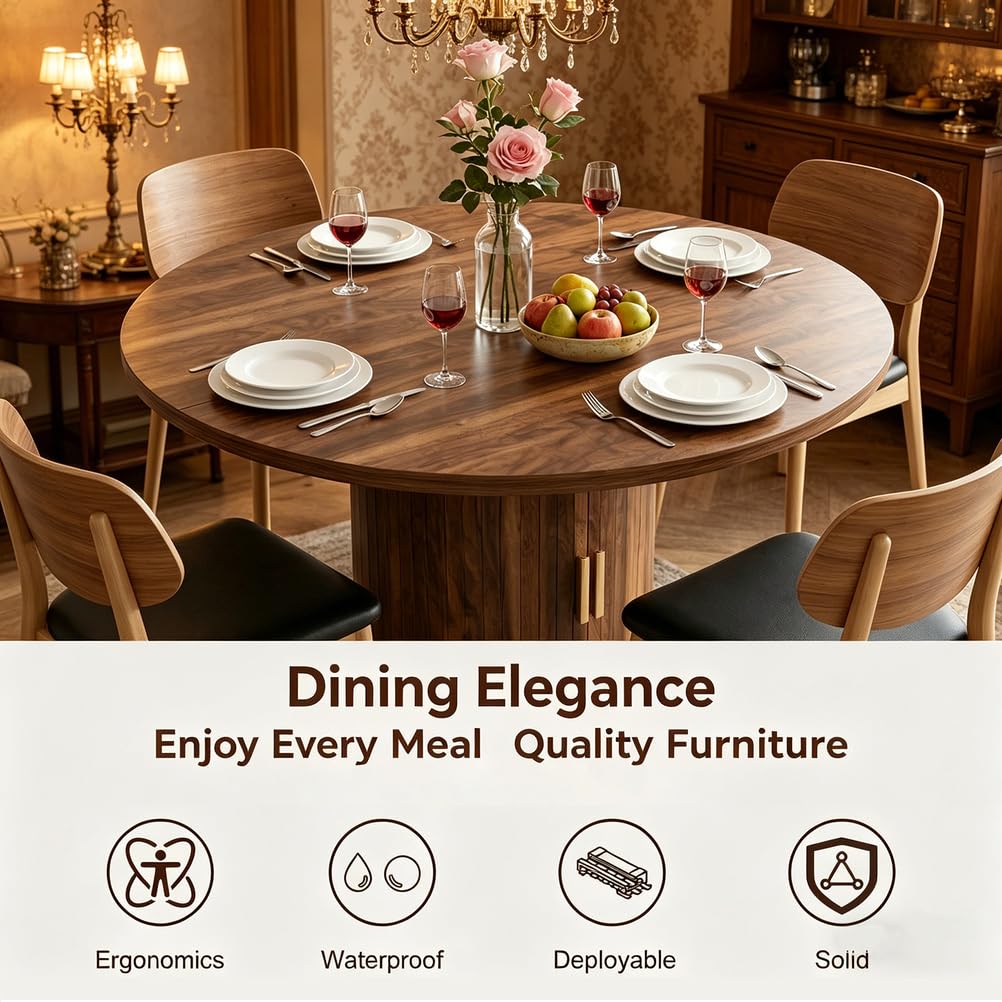 Tavolo da pranzo rotondo allungabile, con mobiletto portaoggetti, moderno tavolo da pranzo con piedistallo con maniglie dorate, per sala da pranzo, soggiorno, appartamento