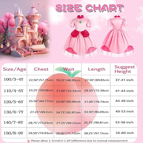 Miniatura 7 de AmzMach - Disfraz de princesa melocotón para niñas, vestido rosa clásico, cosplay, fiesta de Halloween, disfraz de cumpleaños para niños, de 3 a 12