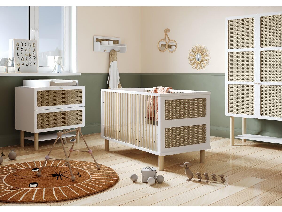 Commode Bébé 2 Tiroirs Convertible en Commode A Langer – Gamme OCHNA - Coloris Blanc Mat & Bois Hévéa - 90 x 87 x 55 cm