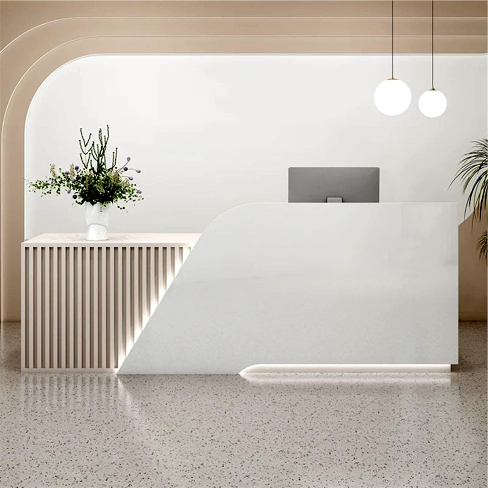 Elegante escritorio de recepción blanco y crema con cajones con cerradura e iluminación LED, ideal para oficinas modernas, vestíbulos de hotel y áreas de recepción (derecha, 260 cm)