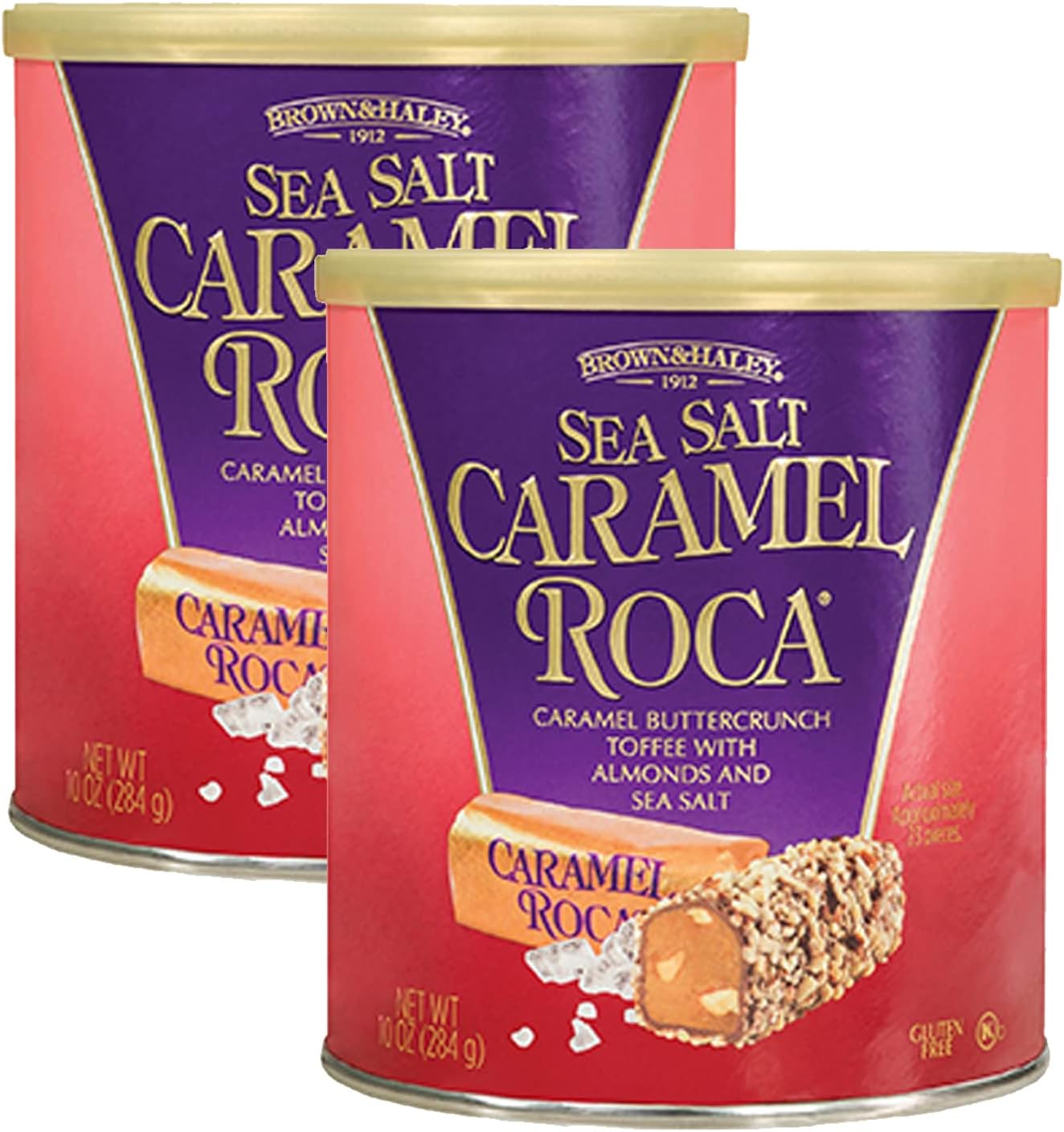 Almond Roca Pack of 2 Sea Salt Caramel Roca Canisters - 10oz Individually Wrapped Caramel Candy - Sea Salt Caramel Buttercrunch Toffee - Gluten Free, Kosher, Chocolate