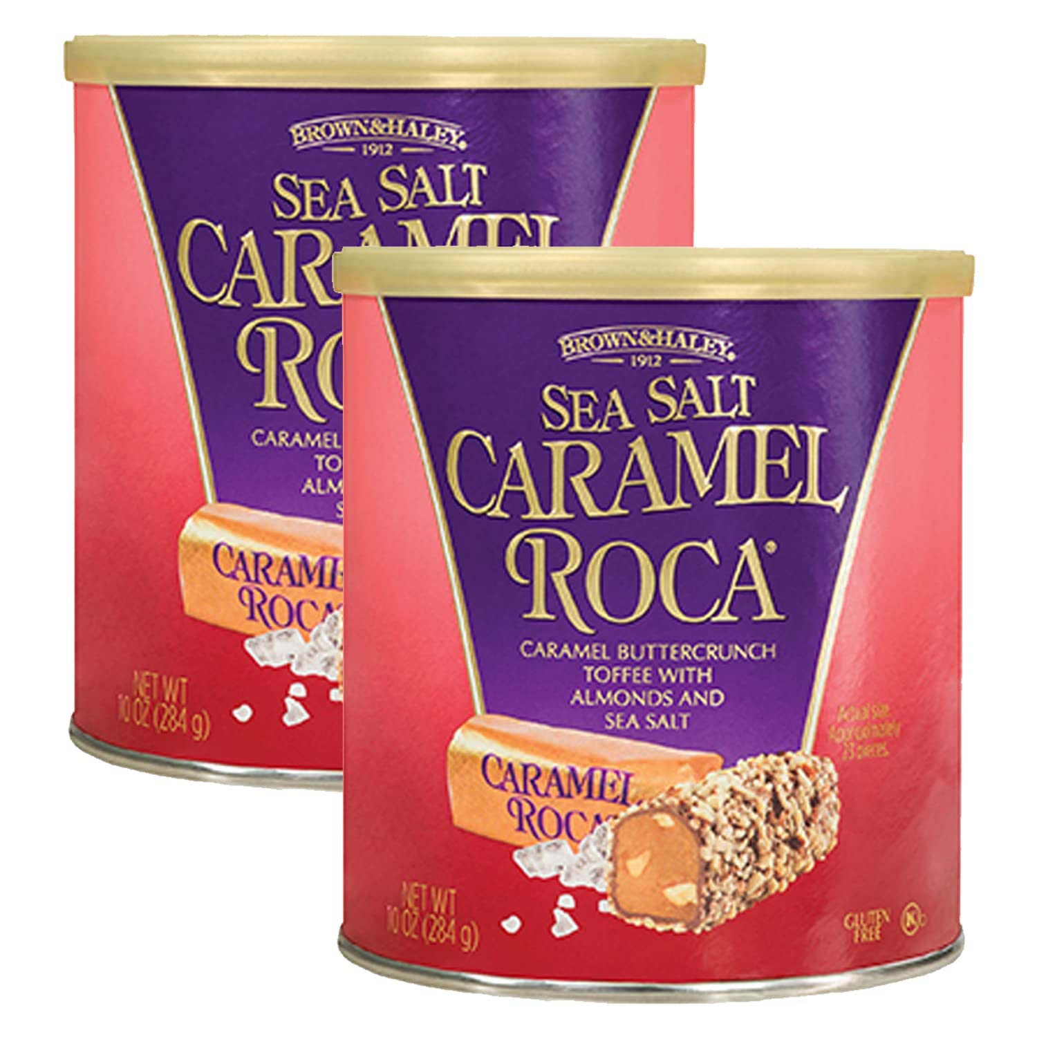 Almond Roca Pack of 2 Sea Salt Caramel Roca Canisters - 10oz Individually Wrapped Caramel Candy - Sea Salt Caramel Buttercrunch Toffee - Gluten Free, Kosher, Chocolate