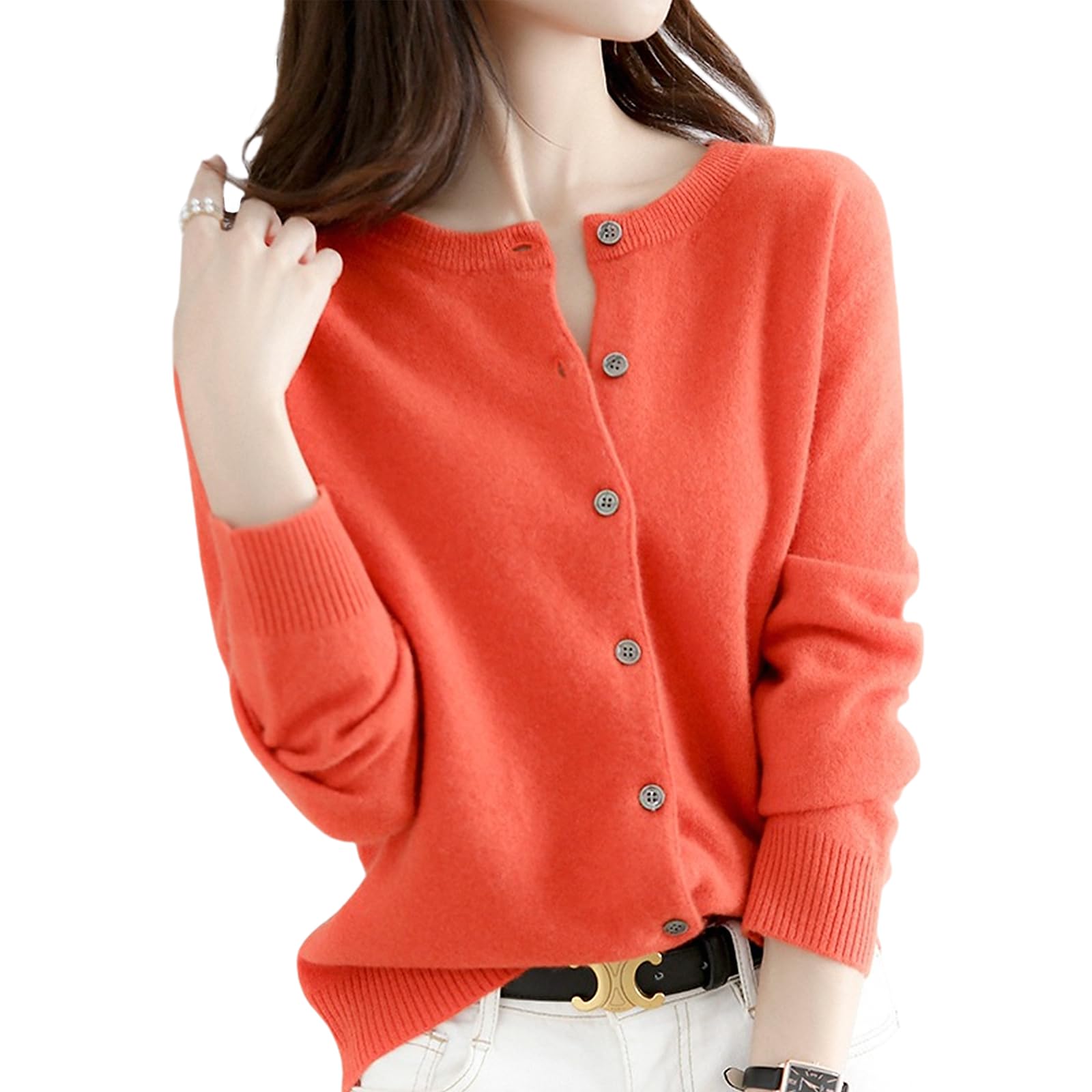 Womens Classic Crewneck Cardigan - Slim Fit Button-Front Knit Sweater Top