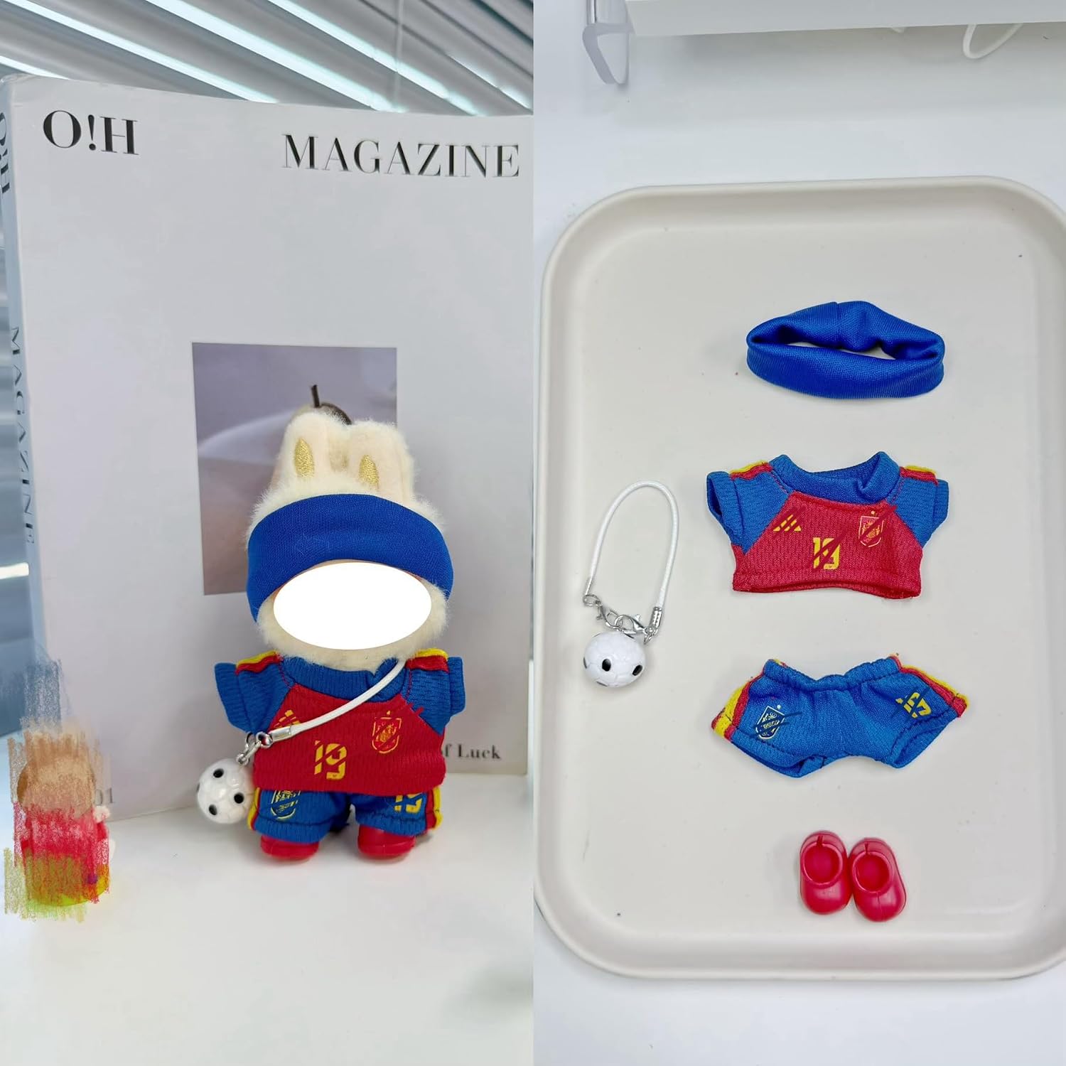 Soccer Jersey Doll Clothes for 10-12cm Plush Dolls,5 pcs Set Mini Football Uniform Outfit for 4 Inch Stuffed Animal,Soccer Star Inspired Sports Costume,Collectible Doll Accessories(Spanish 19 Blue)
