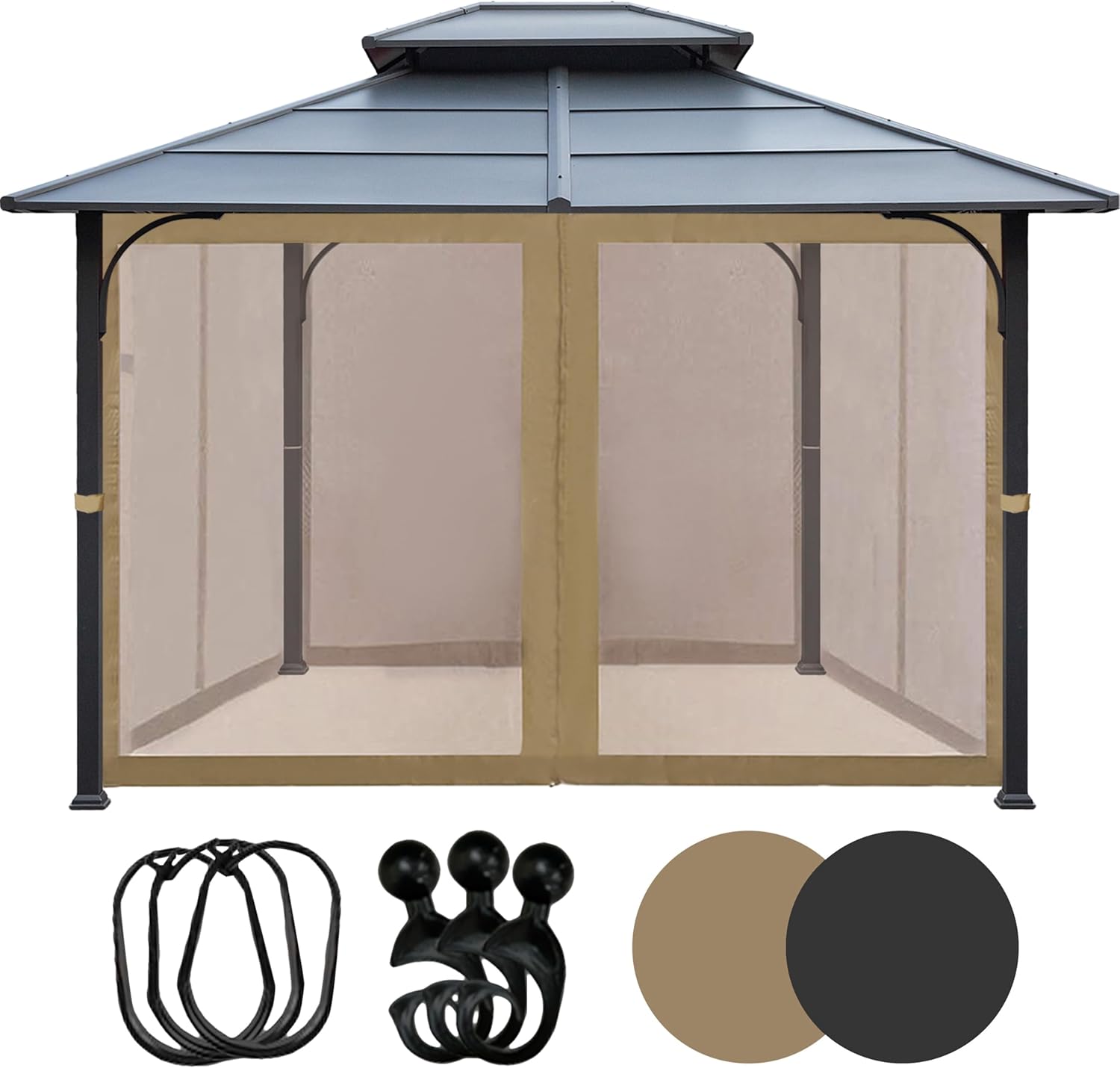 Tradesparker 10x10 Gazebo Replacement Mesh Walls,4-Sided Mosquito Screen Netting with 48Curtain Rings & 48Rail Hooks，Khaki (Universal Fit for Gazebo & Pergola)