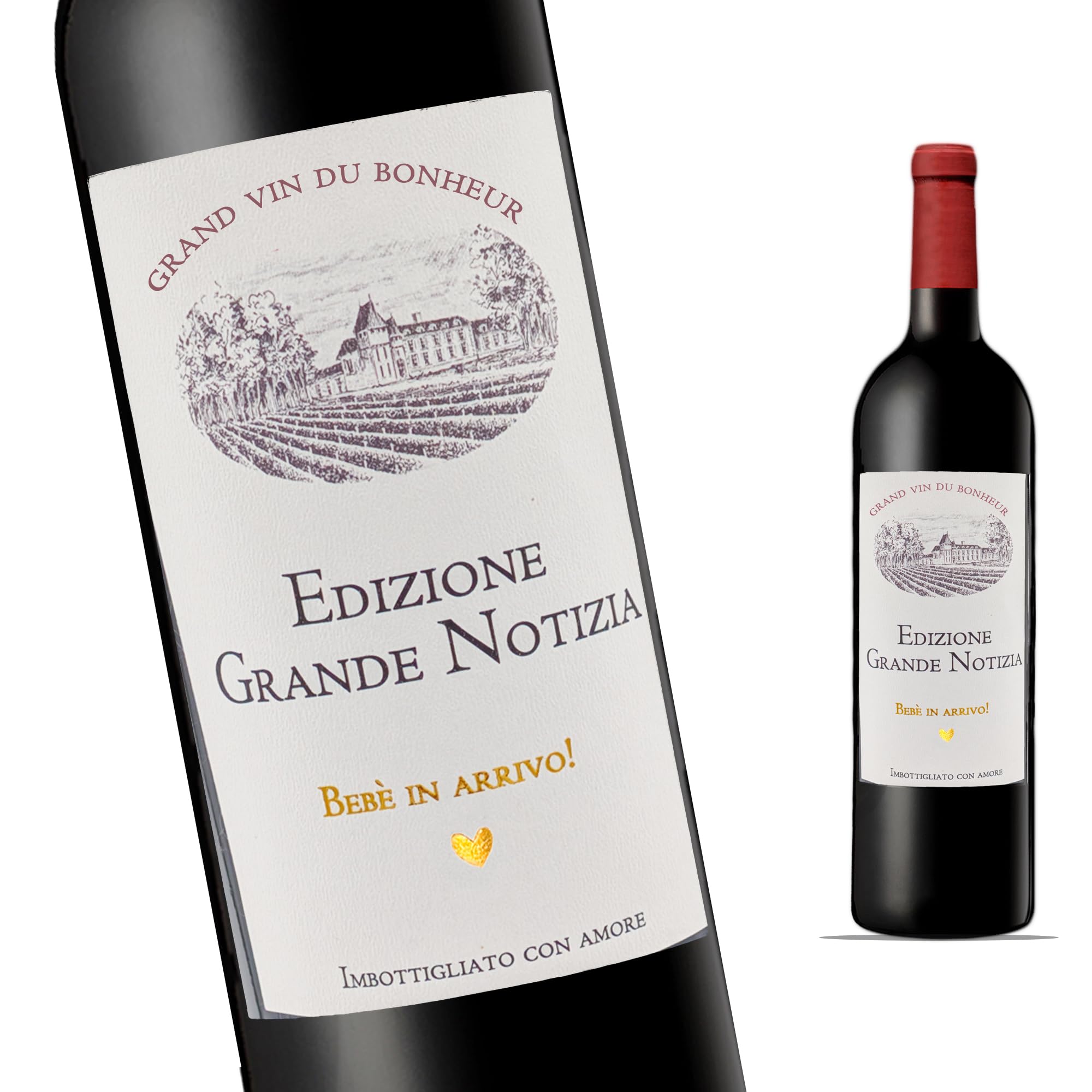 FunFest - Set da 4 Etichette Bottiglia di Vino Annuncio Gravidanza - "Château Grande Notizia" (Testo in Italiano)