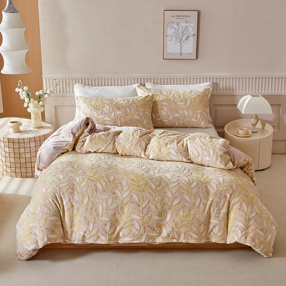 YASMENG - Funda nórdica de franela de 220 x 240 cm, diseño de hojas de invierno, color amarillo, forro polar, franela suave, suave, mullida, ropa de cama para 2 personas con cremallera y fundas de
