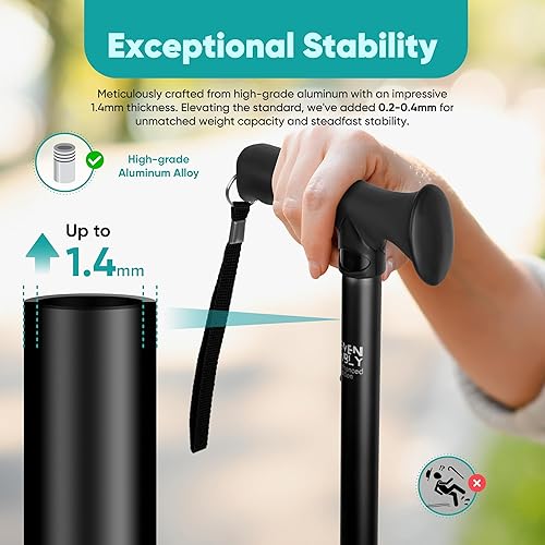 Miniatura 2 de Bastón mejorado (más grueso y largo)  Plegable, ajustable, plegable, punta de repuesto, con bolsa de viaje  Bastón versátil para cada altura, peso,