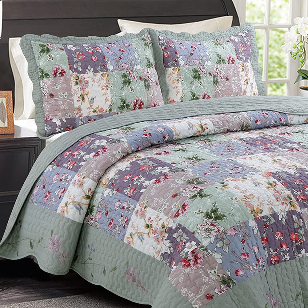 Juego de Colcha King Size 240x260cm Colcha Acolchada Floral con 2 Fundas de Almohada para Cama Doble