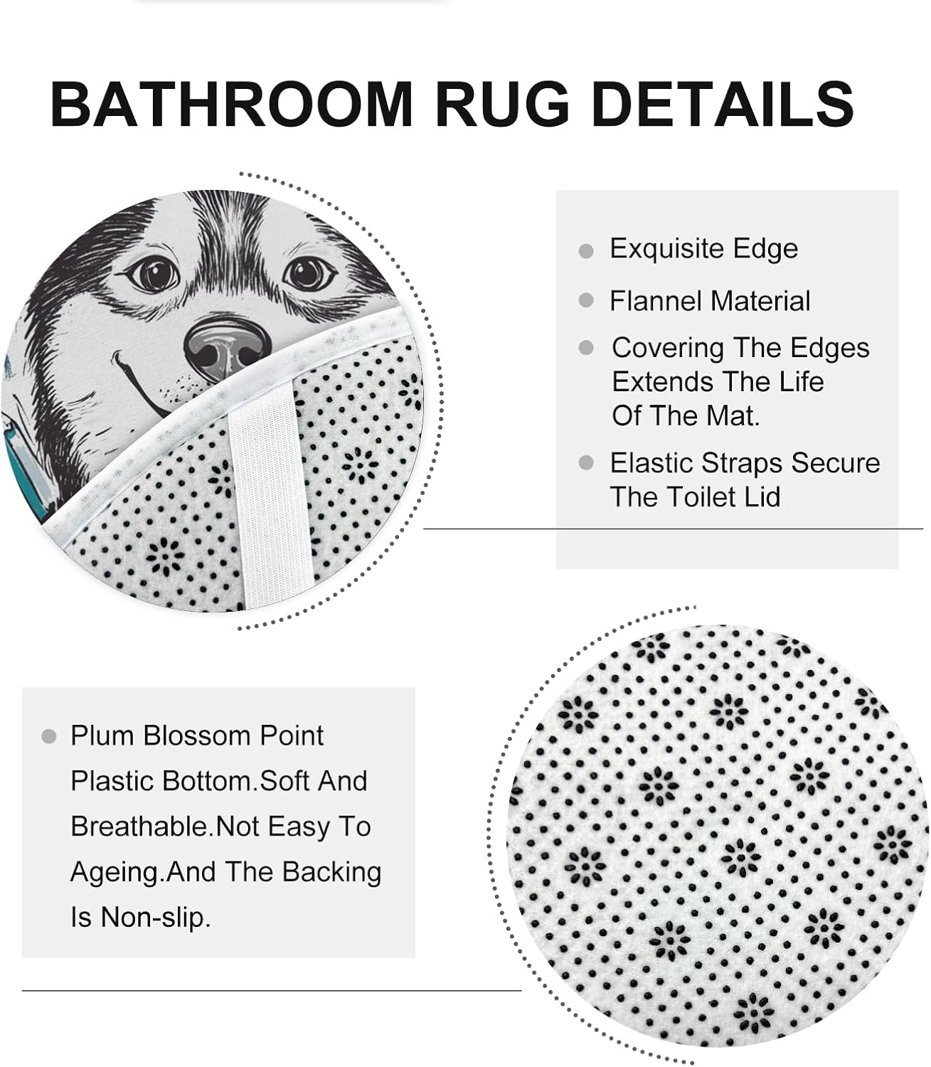 4PCS Cute Husky Dog Bathroom Accessory Sets with Non-Slip Rug, U Shape and Toilet Lid Cover Mat, Back to School Kid Bathroom Fabric Decor-72''x72''