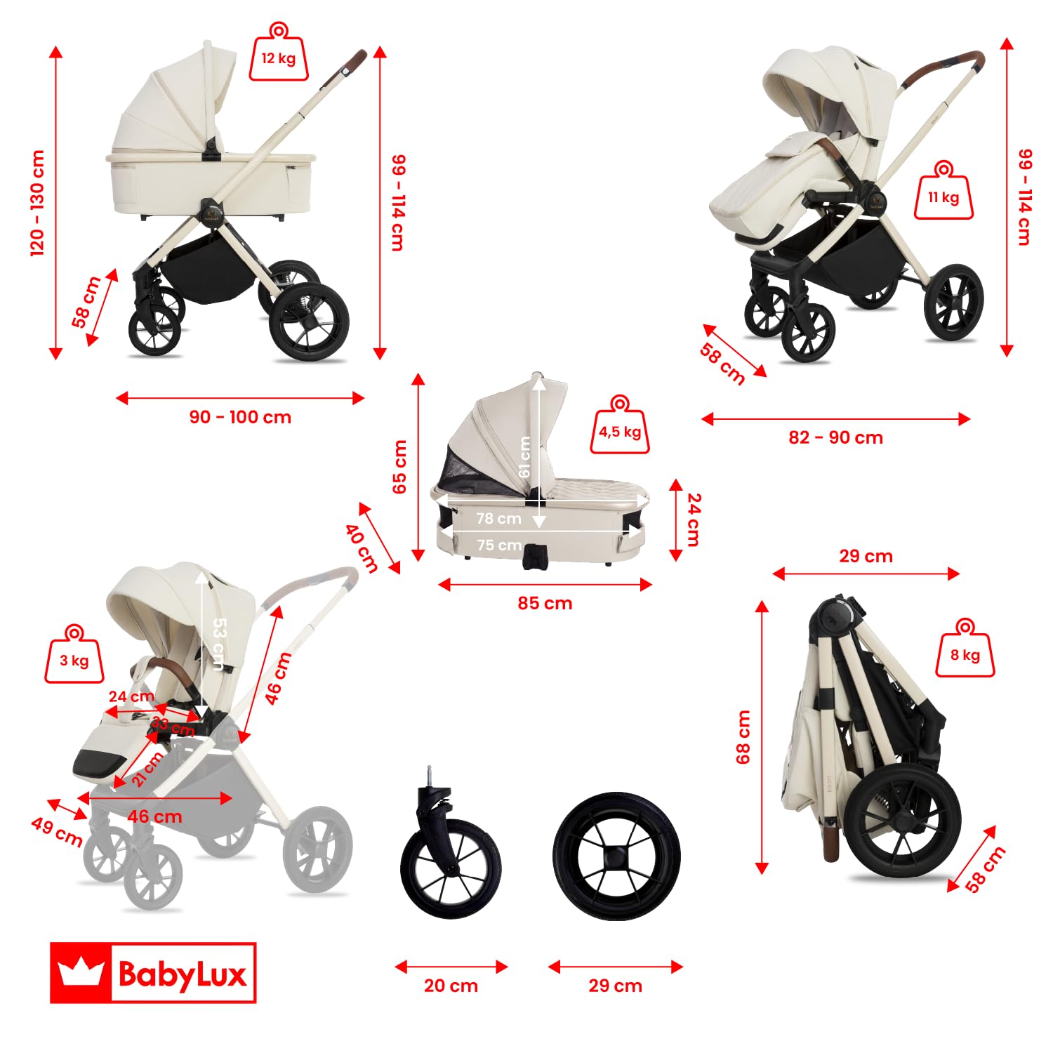 BabyLux Wielofunkcyjny Wózek Dziecięcy 3w1 BOLDO Lekki i Kompaktowy | Gondola, Spacerówka, Fotelik Samochodowy, Składana Aluminiowa Konstrukcja Stelaża, Regulowane oparcie, Akcesoria