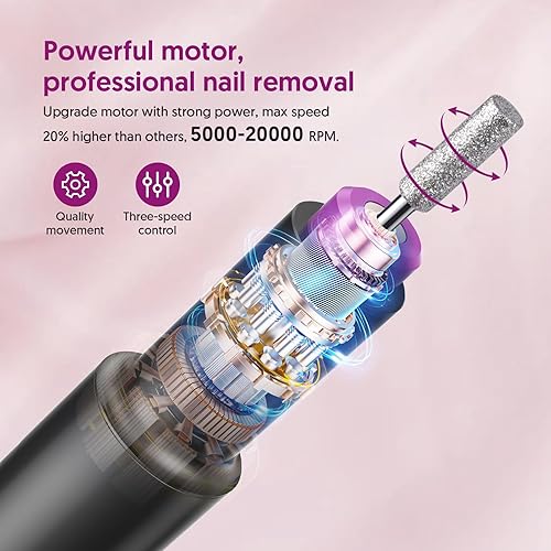 Miniatura 3 de HALMAI Taladro eléctrico de uñas, kit de lima de uñas portátil inalámbrico para uñas acrílicas, uñas de gel, máquina profesional recargable de