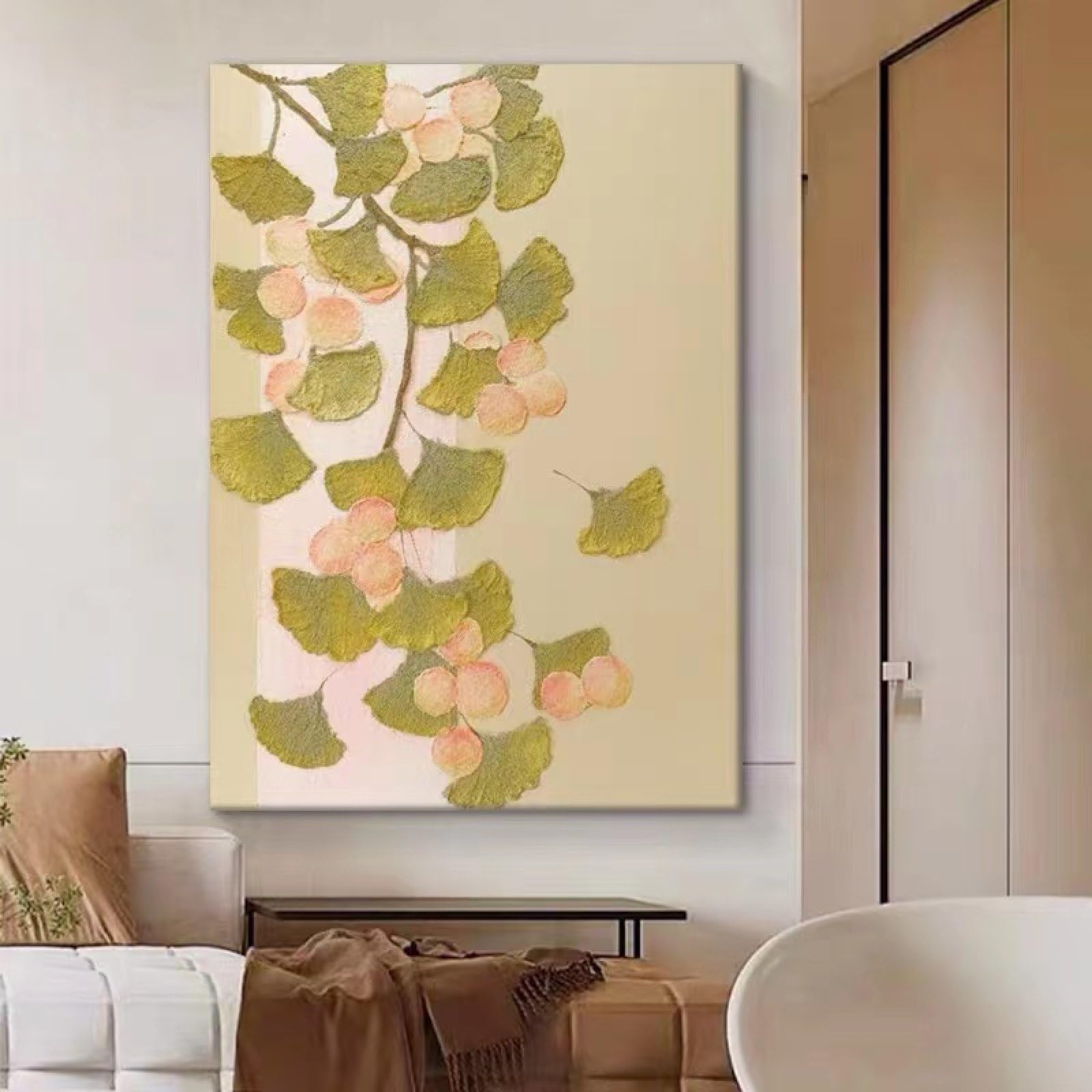 Art mural pour salon : grand tableau de feuilles de Ginkgo au style rondin chic