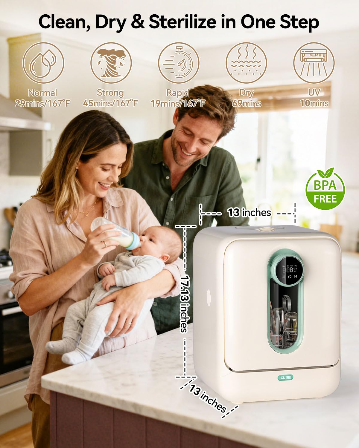 ICUIRE Babyflaschenwascher und Sterilisator und Trockner, 55-75 °C Hochtemperatursterilisation für Babysachen, 3,2 l Wassertank zum Reinigen von Flaschen, Pumpenteil, Schnuller und Schüssel