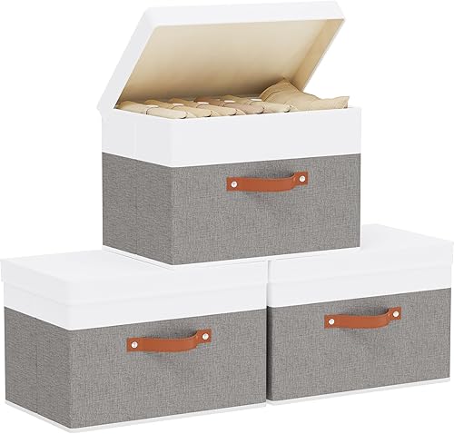 Miniatura 16 de Cesta de almacenamiento de tela con tapas, contenedores de almacenamiento plegables de lino, cajas organizadoras de armario con asas dobles, gris,