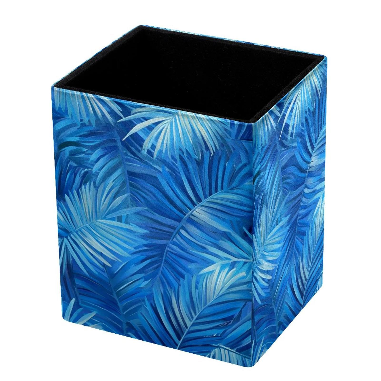 VAPOKF Pencil Holders for Desk, Blue Palm Leaves Printed Pen Holders Pen Pot Makeup Brushes Storage Desktop Stationery Supplies Organiser for Home Office