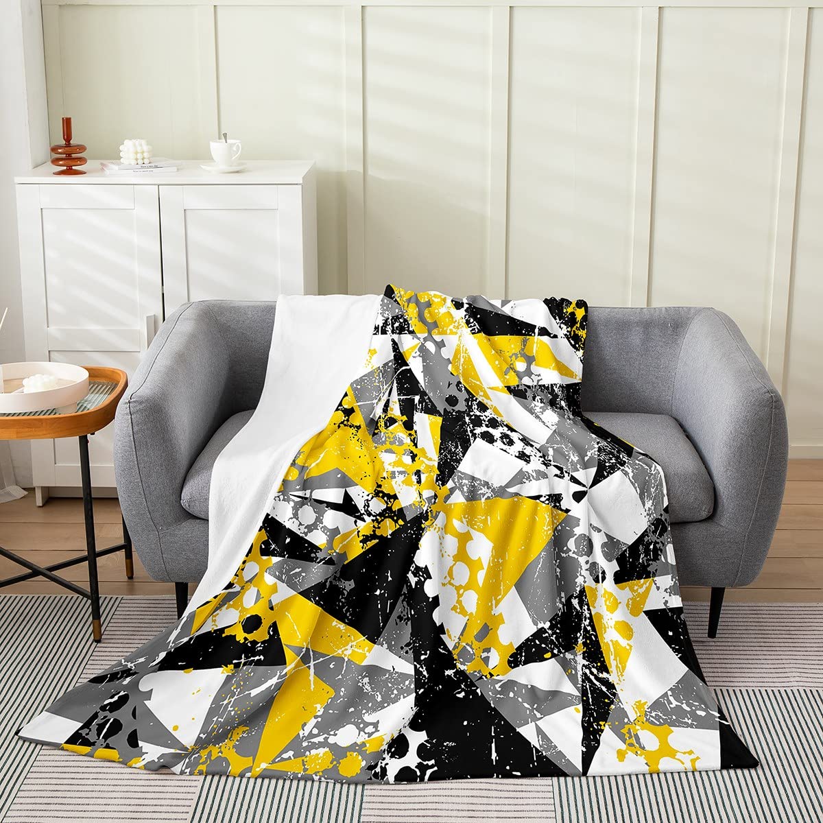 Homemissing Yellow Grey White Geometric Flannel Fleece Throw Blanket,Bed Blanket Stripe Line Fuzzy Blanket For Bed Sofa Couch,Bedroom Decor Modern Abstract Art Plush Blanket Double 60x79 Inch