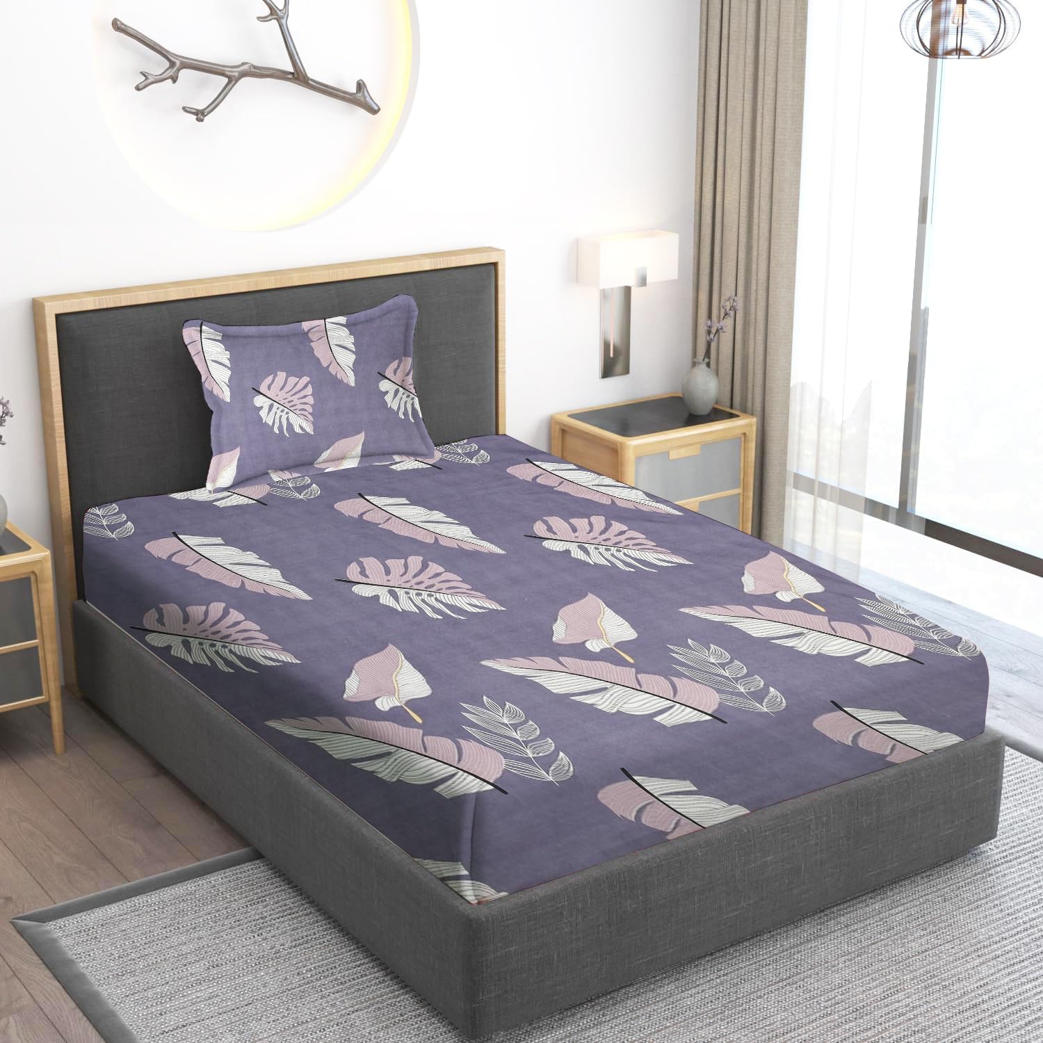 Home Stylish 280 TC Floral Print Ezyption Cotton 1 Single Bedsheet with 1 Pillow Cover Zenith Blue