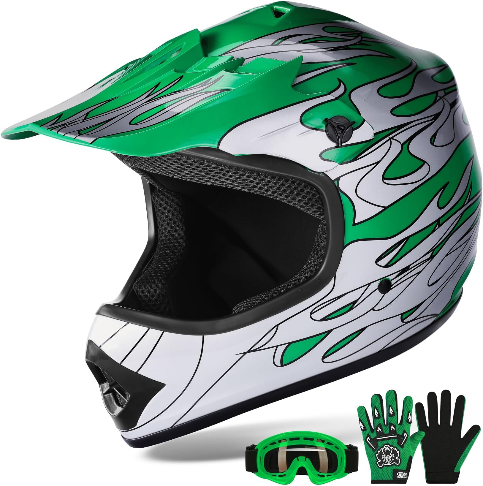 XFMT Kids Dirt Bike Helmet Youth Motorcycle Helmet DOT-Certified Full Face Helmets for Motocross ATV Off-Road Street Bike with Goggles & Gloves, Green Flame Small