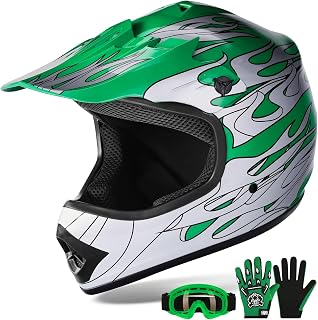 XFMT Kids Dirt Bike Helmet Youth Motorcycle Helmet DOT-Certified Full Face Helmets for Motocross ATV Off-Road Street Bike with Goggles & Gloves, Green Flame Small