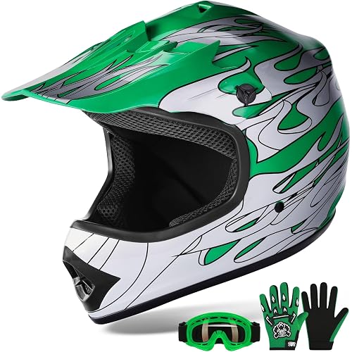XFMT Kids Dirt Bike Helmet Youth Motorcycle Helmet DOT-Certified Full Face Helmets for Motocross ATV Off-Road Street Bike with Goggles & Gloves, Green Flame X-Large