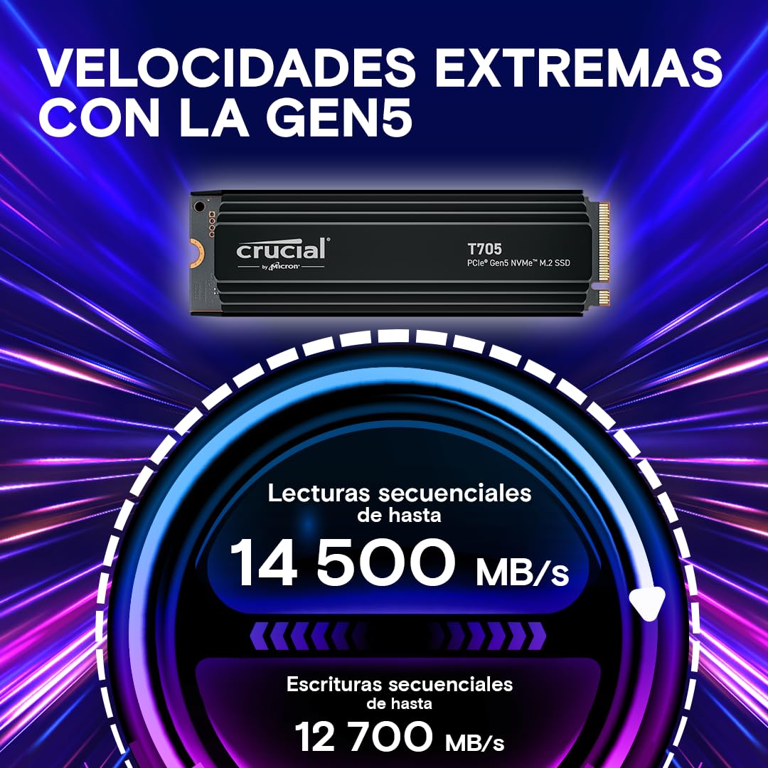 Crucial T705 SSD 2TB PCIe 5.0 x4 Gen5 NVMe M.2 con Disipador, Velocidades de Lectura hasta 14500 MB/s, Escritura 12700 MB/s, para PC de Escritorio, TLC NAND, Disco Duro Interno - CT2000T705SSD5
