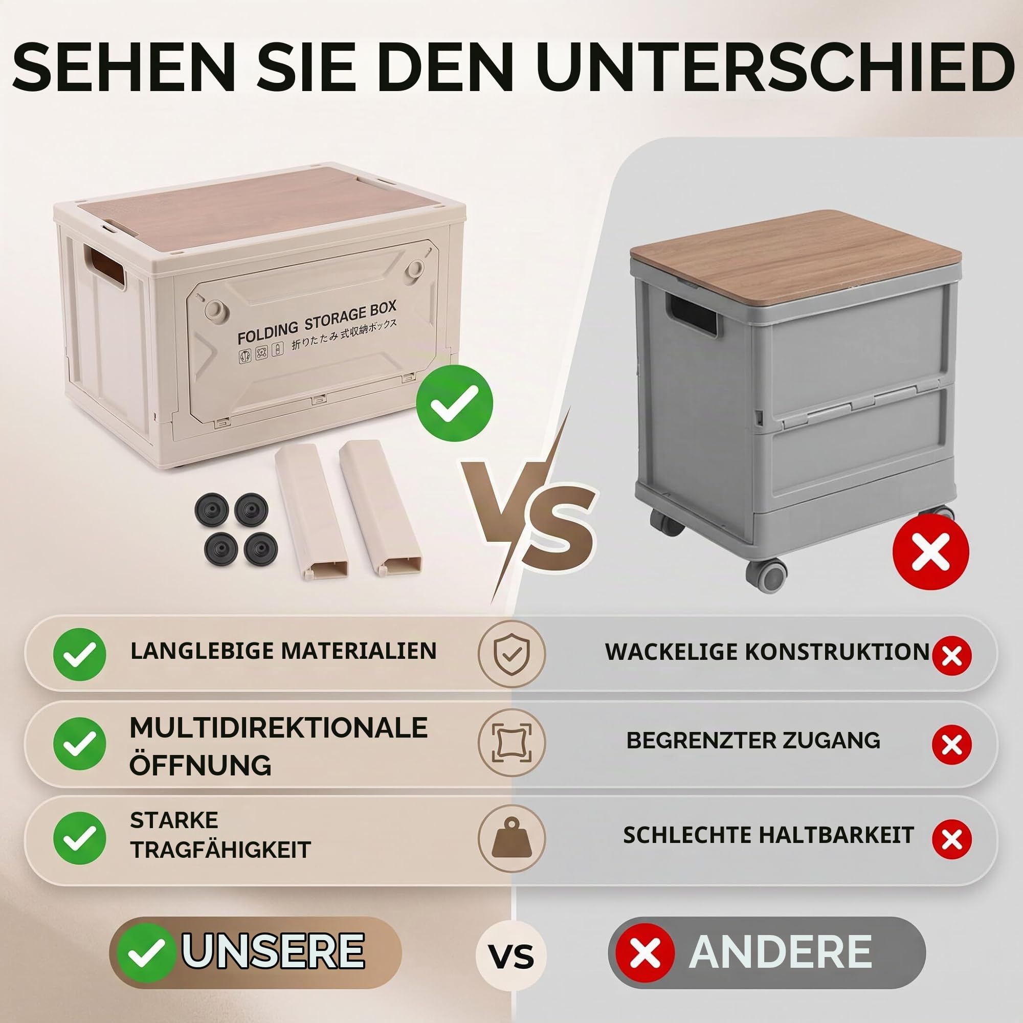 Ejoyous Aufbewahrungsbox mit Deckel, 50L, Grau-weiß, Faltbare Campingbox mit 5 Rollen für Auto Kofferraum