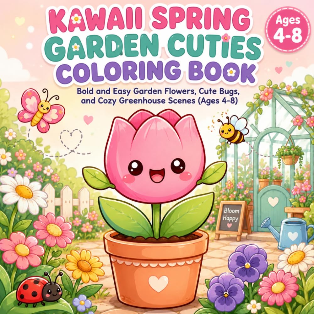 Kawaii Spring Garden Cuties Coloring Book: Bold and Easy Garden Flowers, Cute Bugs, and Cozy Greenhouse Scenes (Ages 4–8)