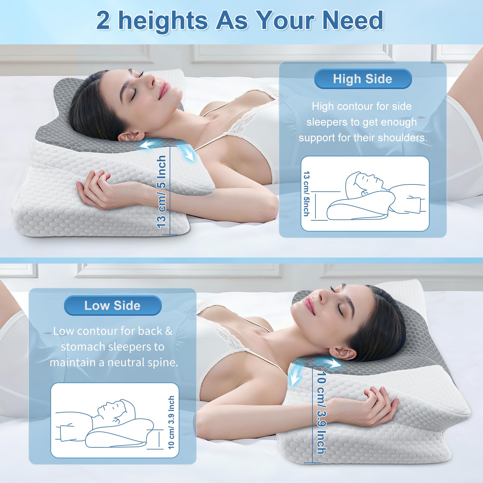 SAHEYER Almohada Cervical 2en1 Espuma Viscoelástica, Gris, 60x35,5x13/11cm | Almohada Ergonómica Mariposa para Dormir de Lado, Boca Arriba y Boca Abajo, Soporte de Cabeza/Cuello/Hombro