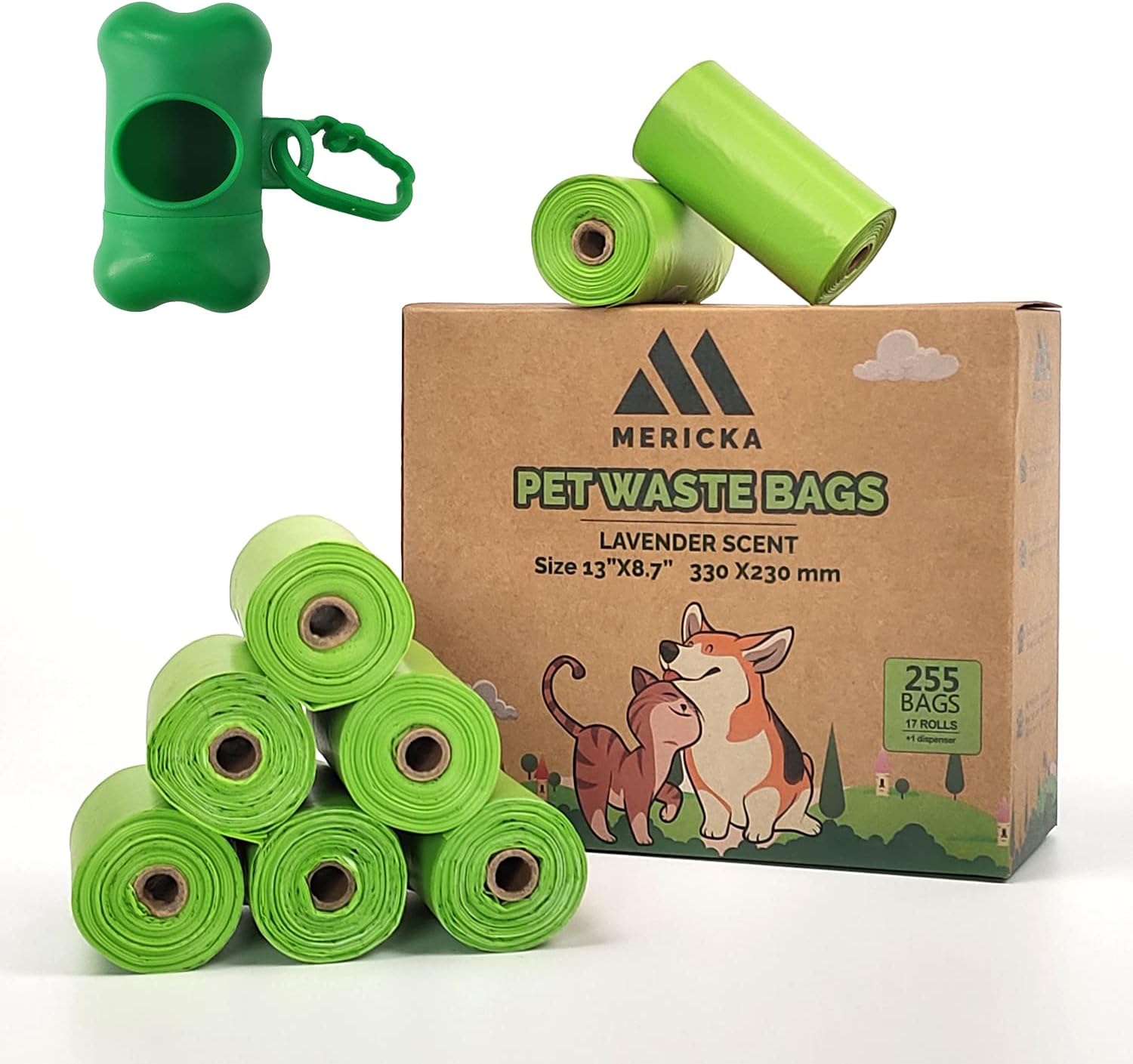 Dog and Cat Poop Bags, 255 Bags, 13 * 8.7 inches Biodegradable Pet waste bags with Dispenser, Green, Lavender Scented Leak-Proof poop Bags, Best Pet Poo bags for Dogs, Cat litter bag