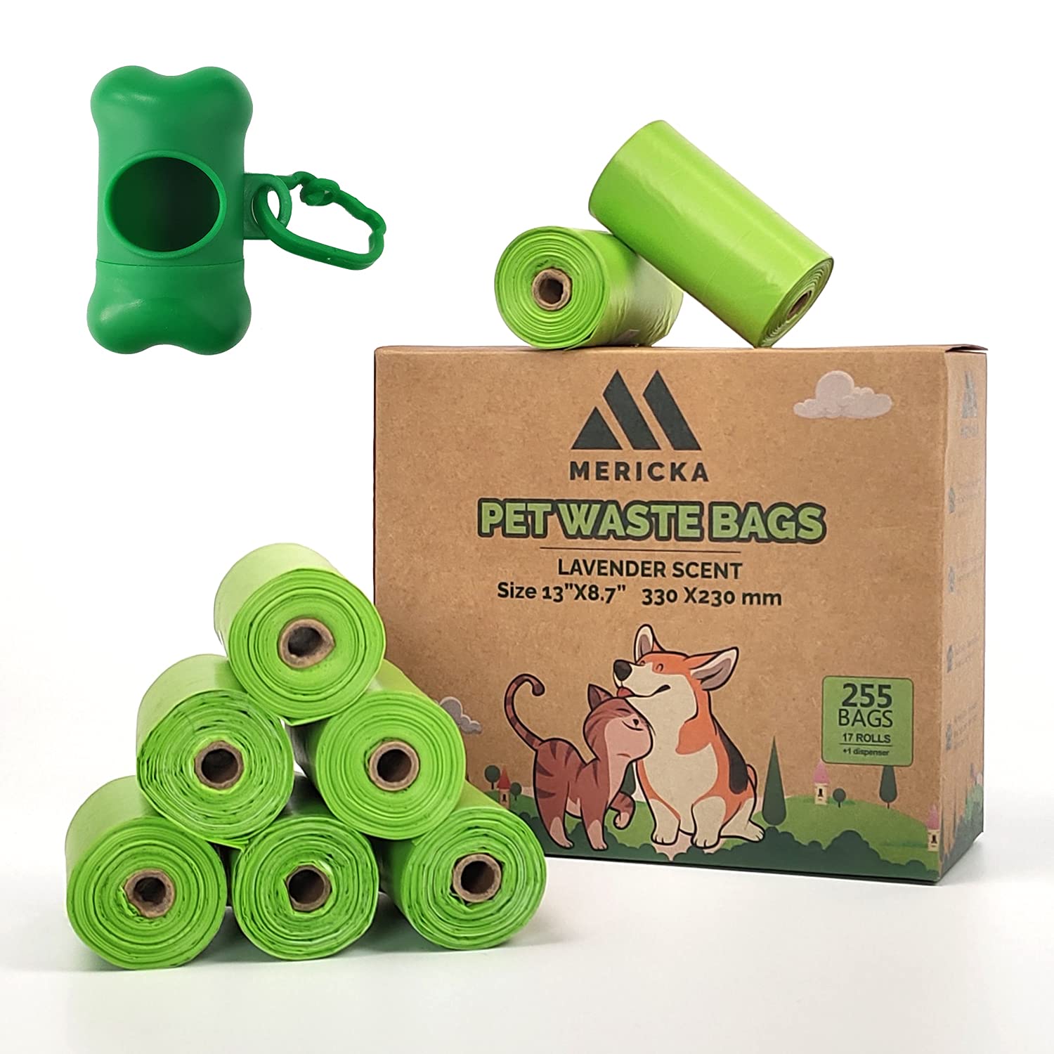 Dog and Cat Poop Bags, 255 Bags, 13 * 8.7 inches Biodegradable Pet waste bags with Dispenser, Green, Lavender Scented Leak-Proof poop Bags, Best Pet Poo bags for Dogs, Cat litter bag